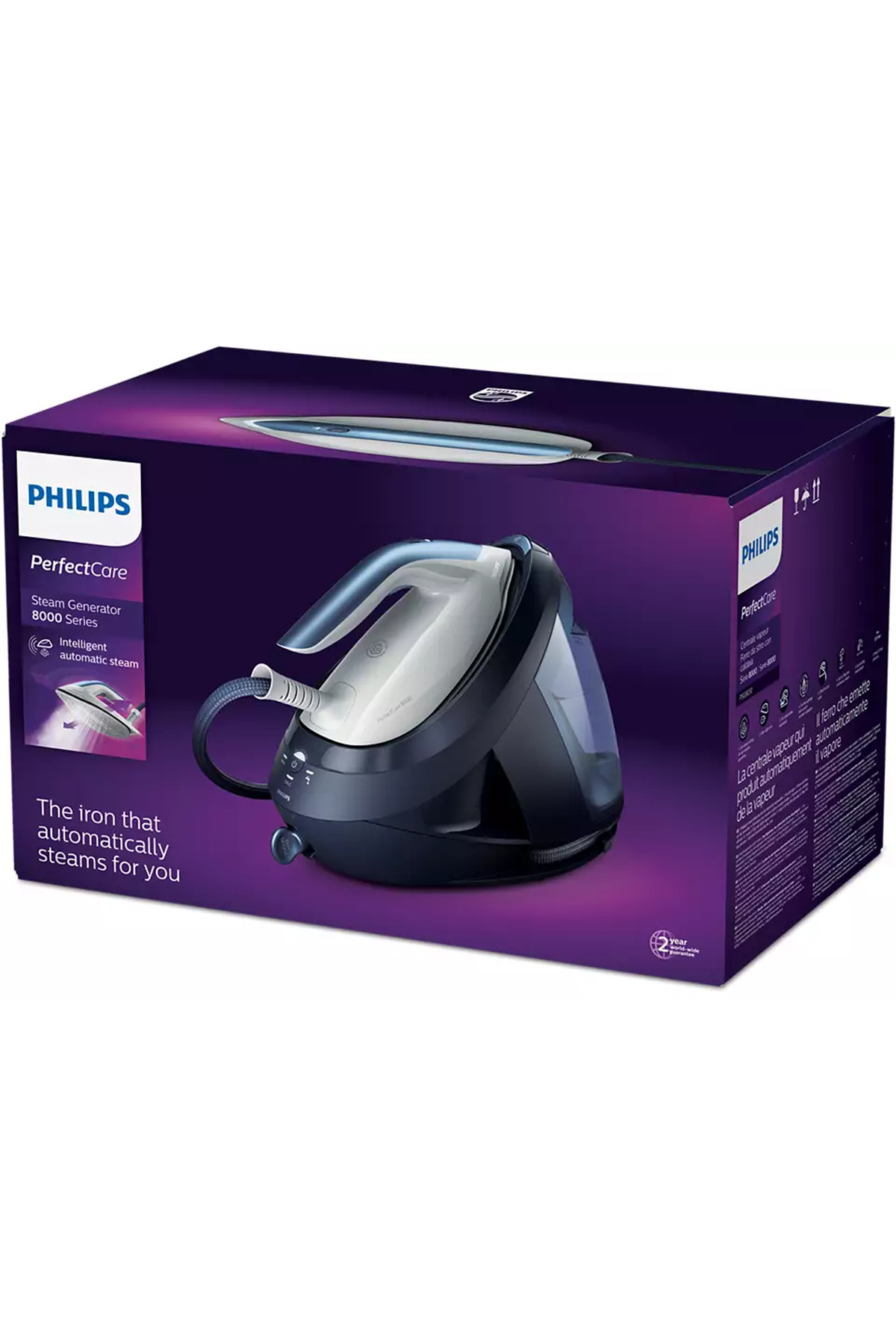 Philips PerfectCare buharlı ütü kutusu, ütü ve tabanı gösteriyor.