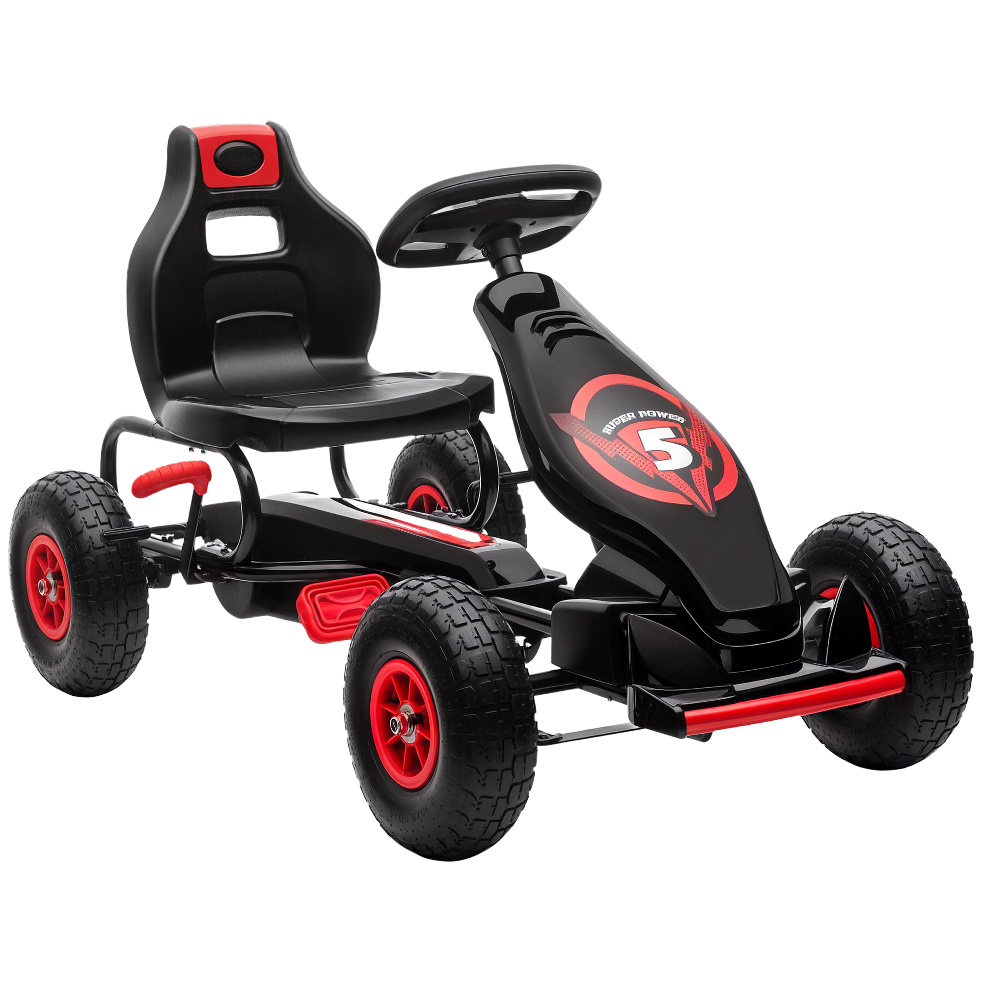 Un go-kart a pedali nero e rosso con grandi pneumatici e design sportivo.