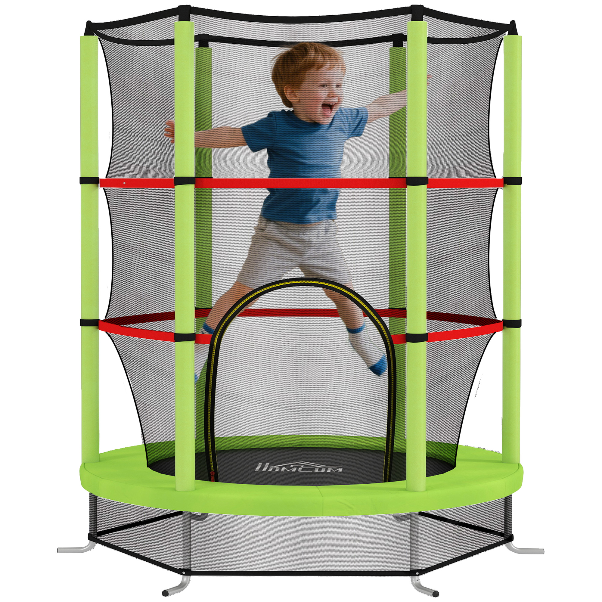 Un bambino dai capelli rossi salta su un trampolino verde con rete di sicurezza.