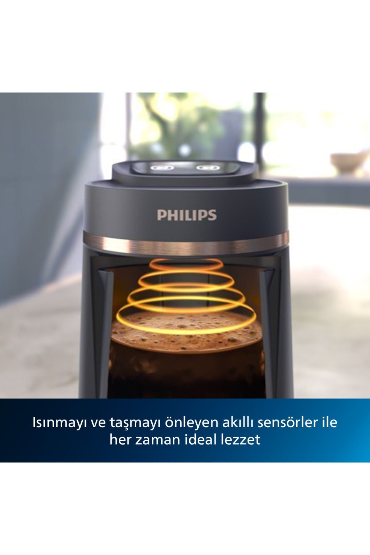 Philips Kaffeemaschine mit schaumigem Kaffee und Hitzewellen.