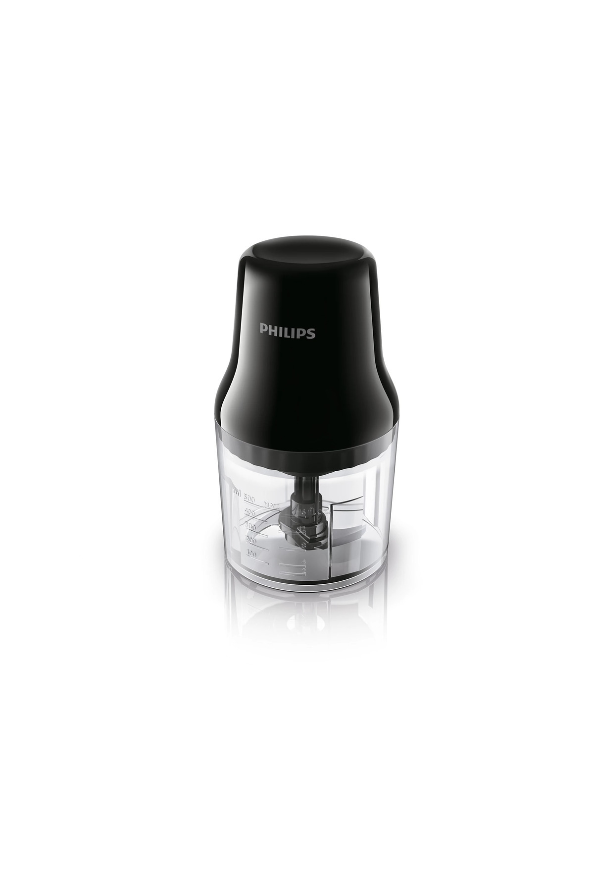 Beyaz zeminde şeffaf hazne ve ölçü işaretleri bulunan siyah bir Philips doğrayıcı.