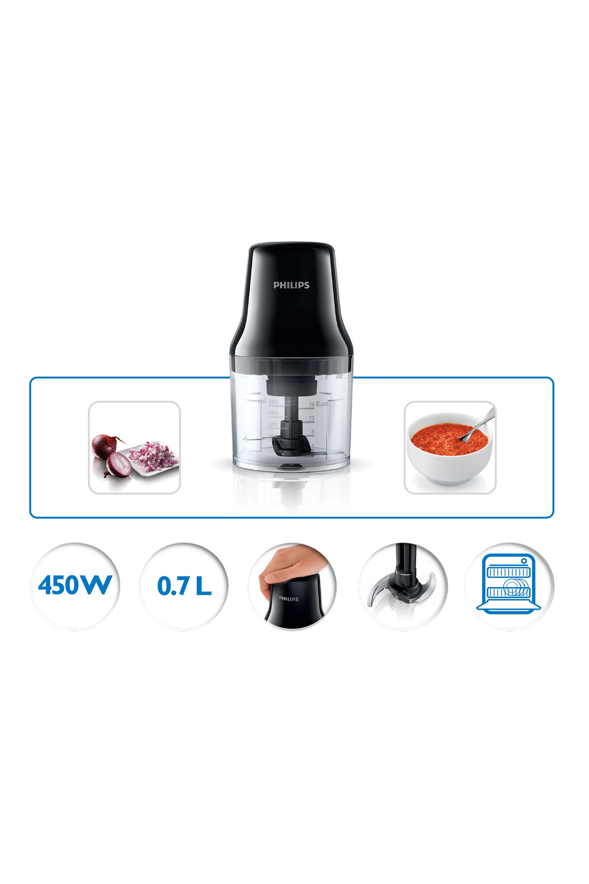 Philips doğrayıcı: 450W, 0,7L kapasite, doğranmış soğan ve sos ile.