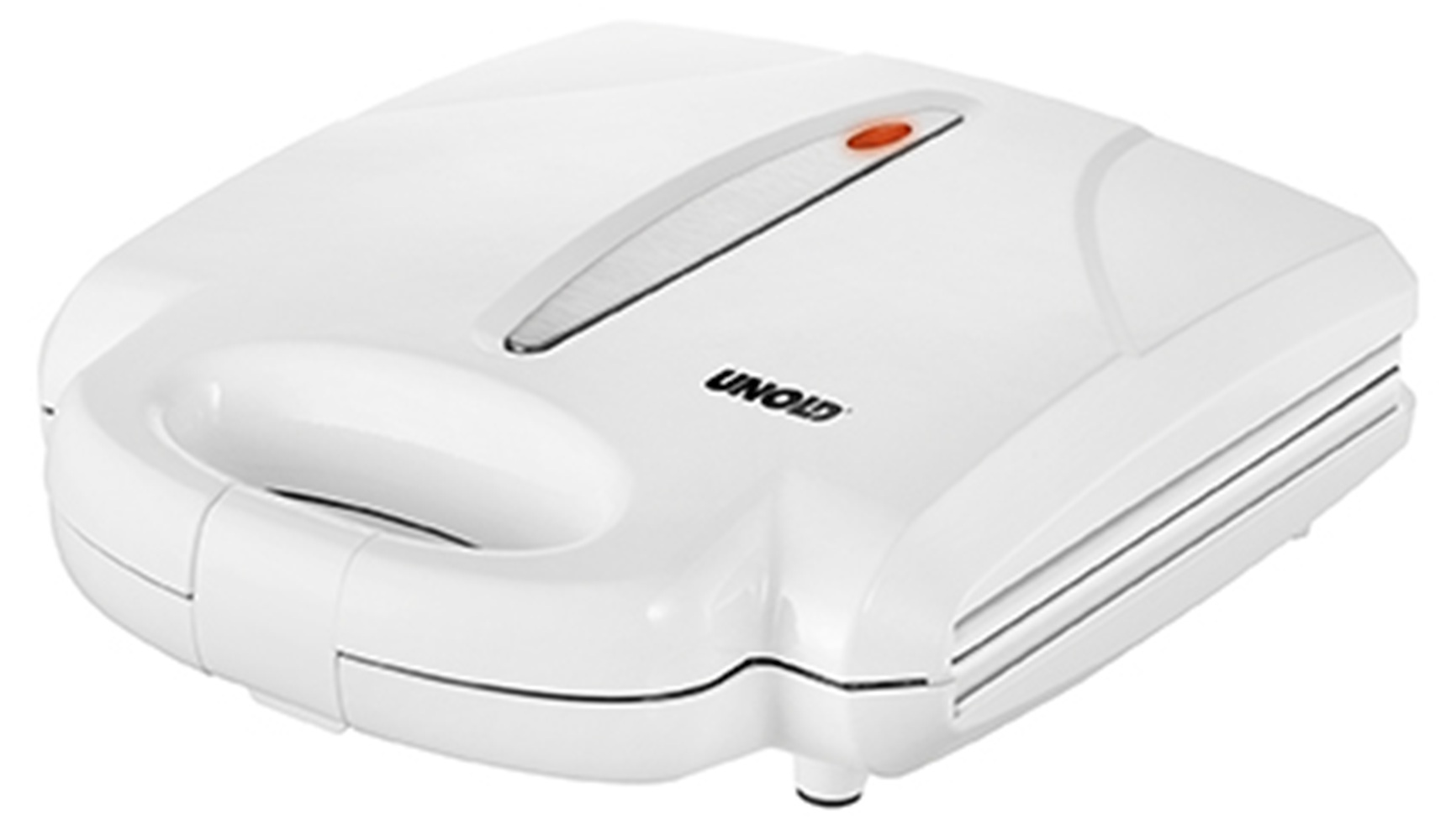 Zamknięty biały opiekacz do kanapek z czerwoną lampką i logo Unold.