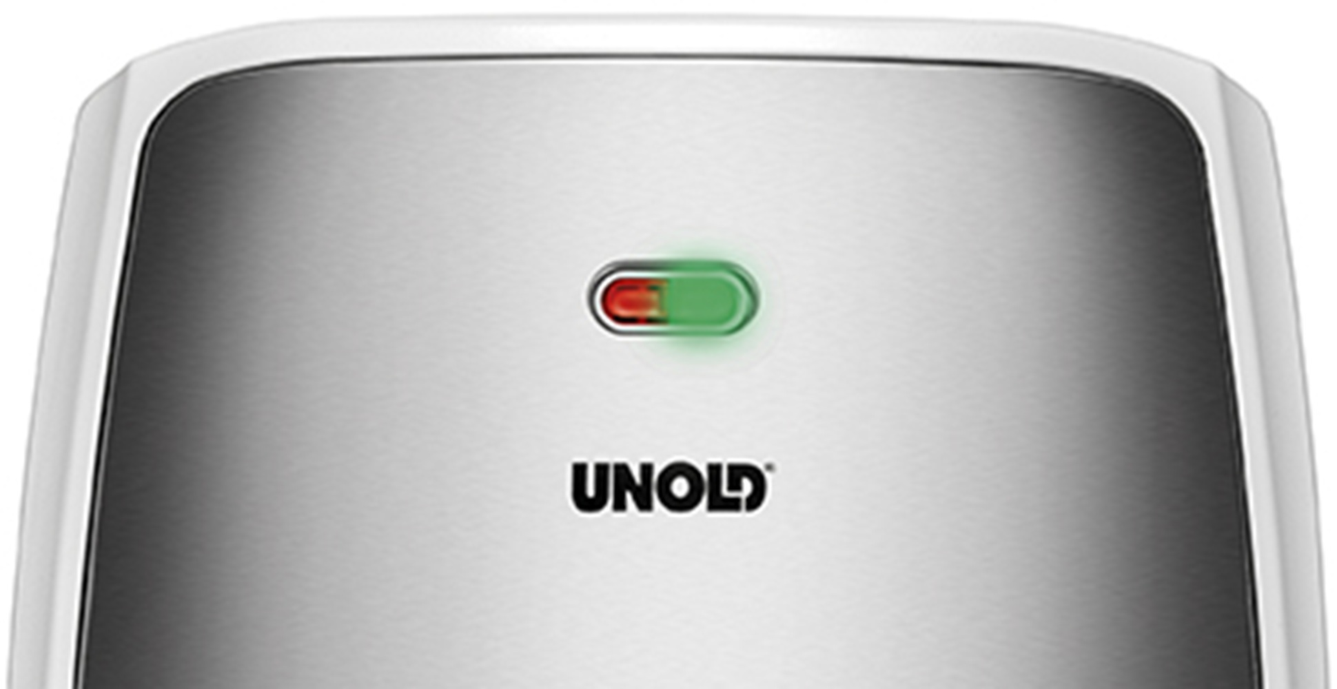 Białe urządzenie z powierzchnią ze szczotkowanego metalu i dwukolorową lampką.