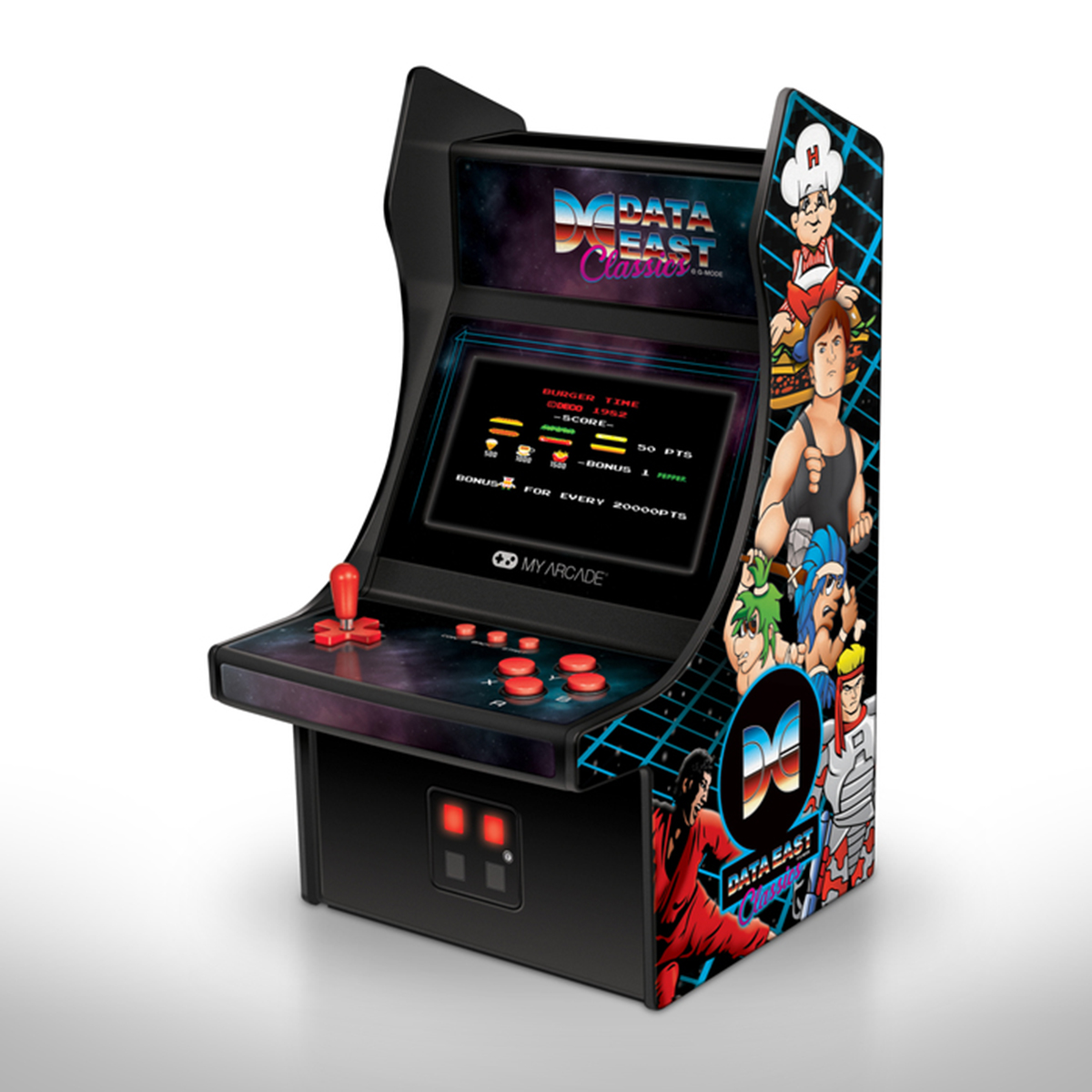 Un cabinet My Arcade Data East Classics nero con arte di gioco colorata e uno schermo che mostra Burger Time.
