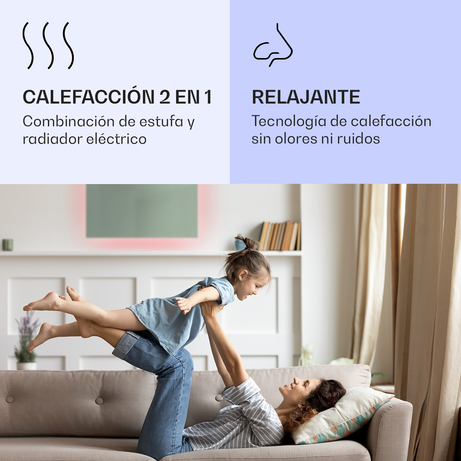 Madre levanta a su hijo en el sofá; texto describe funciones.