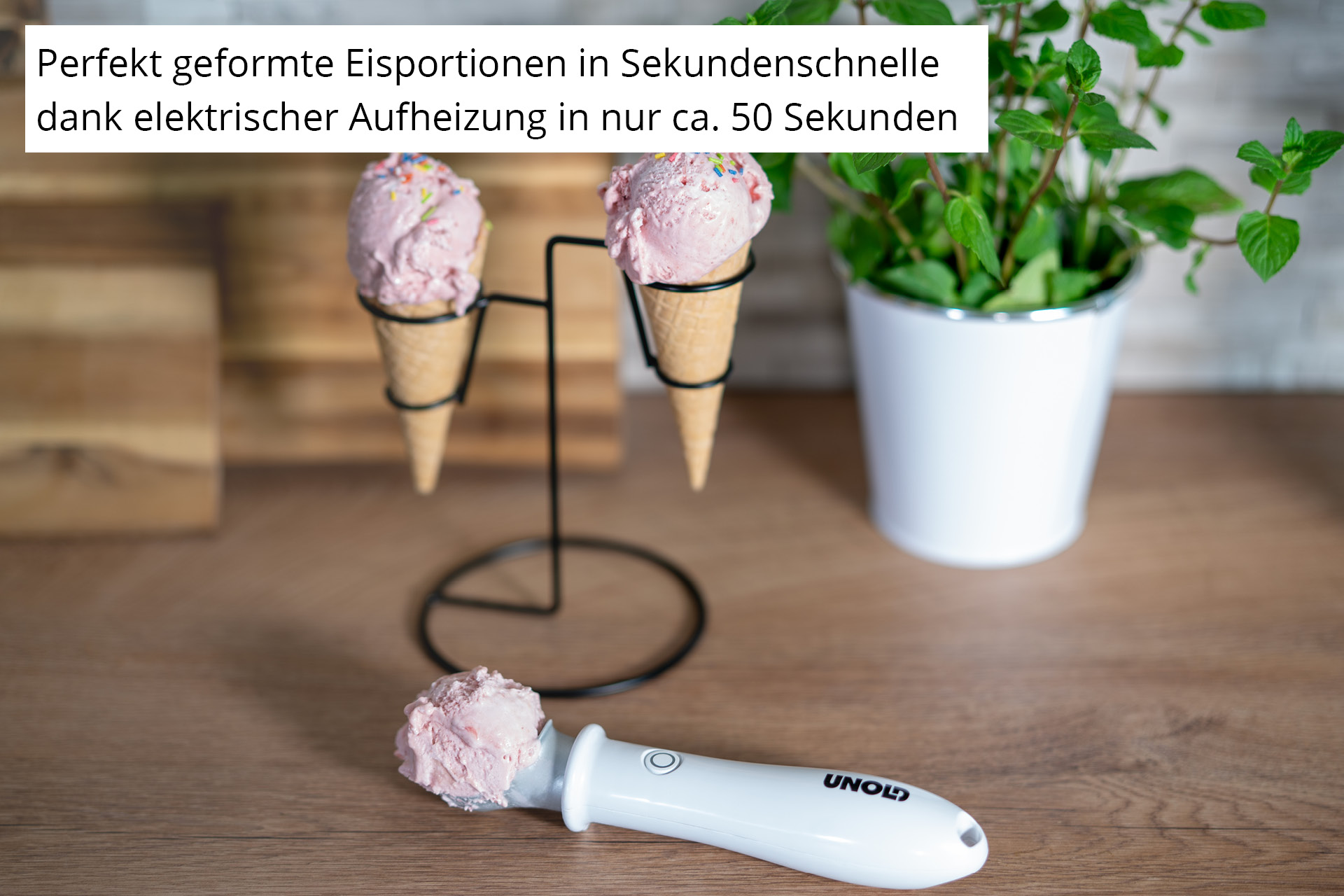 Rosa Eiswaffeln auf Ständer, mit Eiskugel und Pflanze.