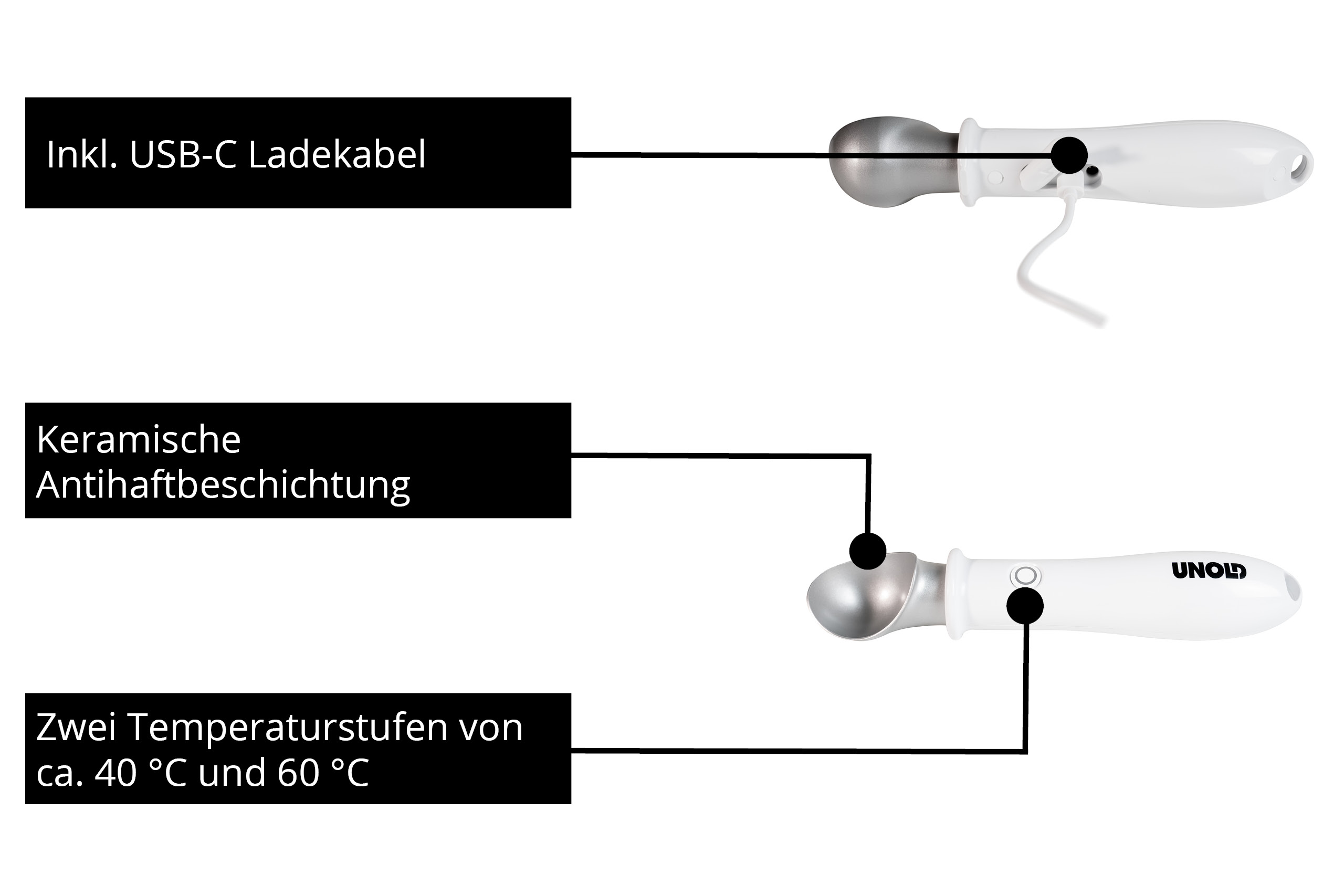 Weißes Gerät mit Silberner Spitze, inkl. USB-C Kabel. Beschriftungen: Keramikbeschichtung, 2 Temp.