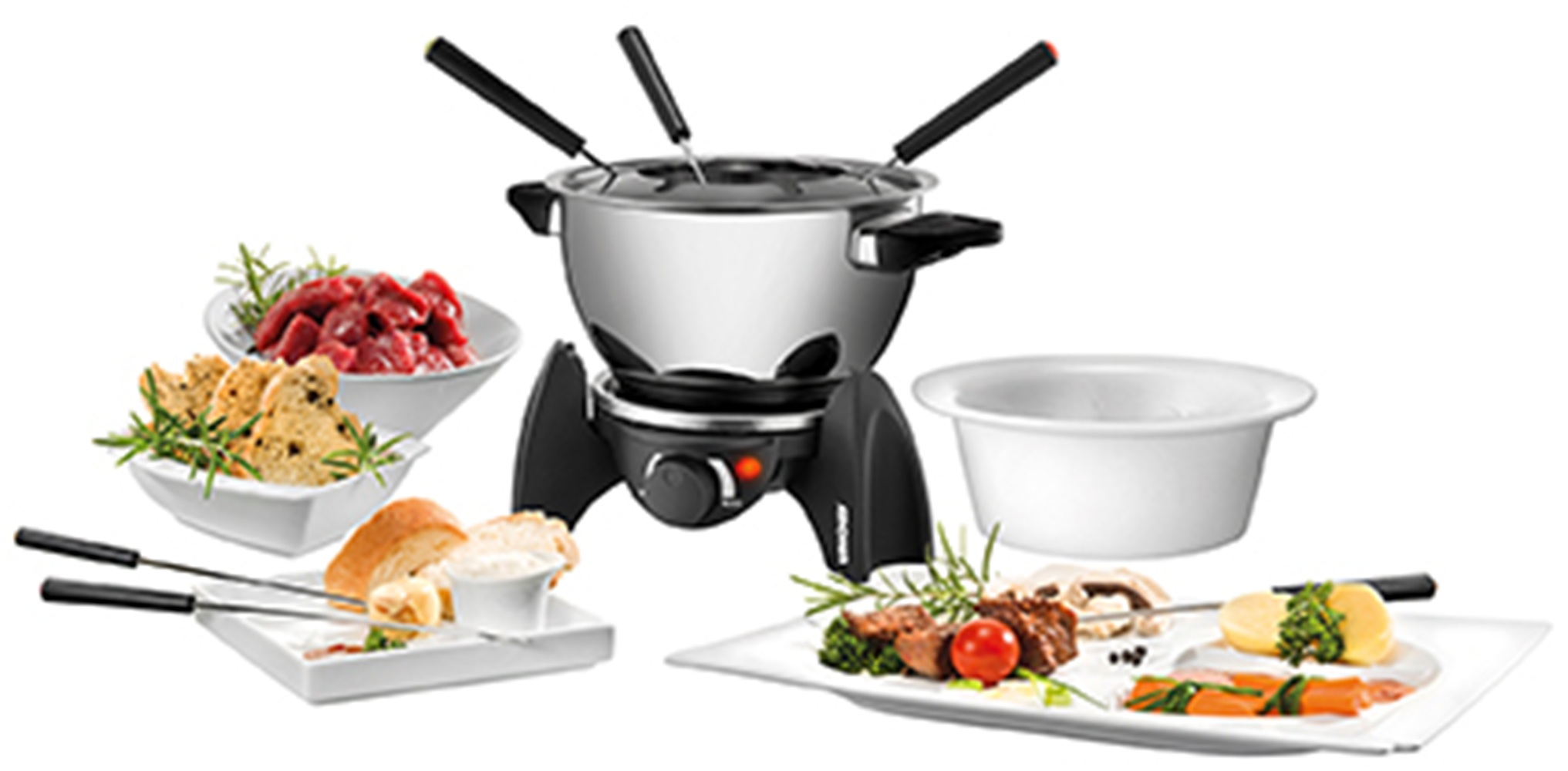 Zestaw do fondue z mięsem, chlebem, warzywami i dipami na białych talerzach.