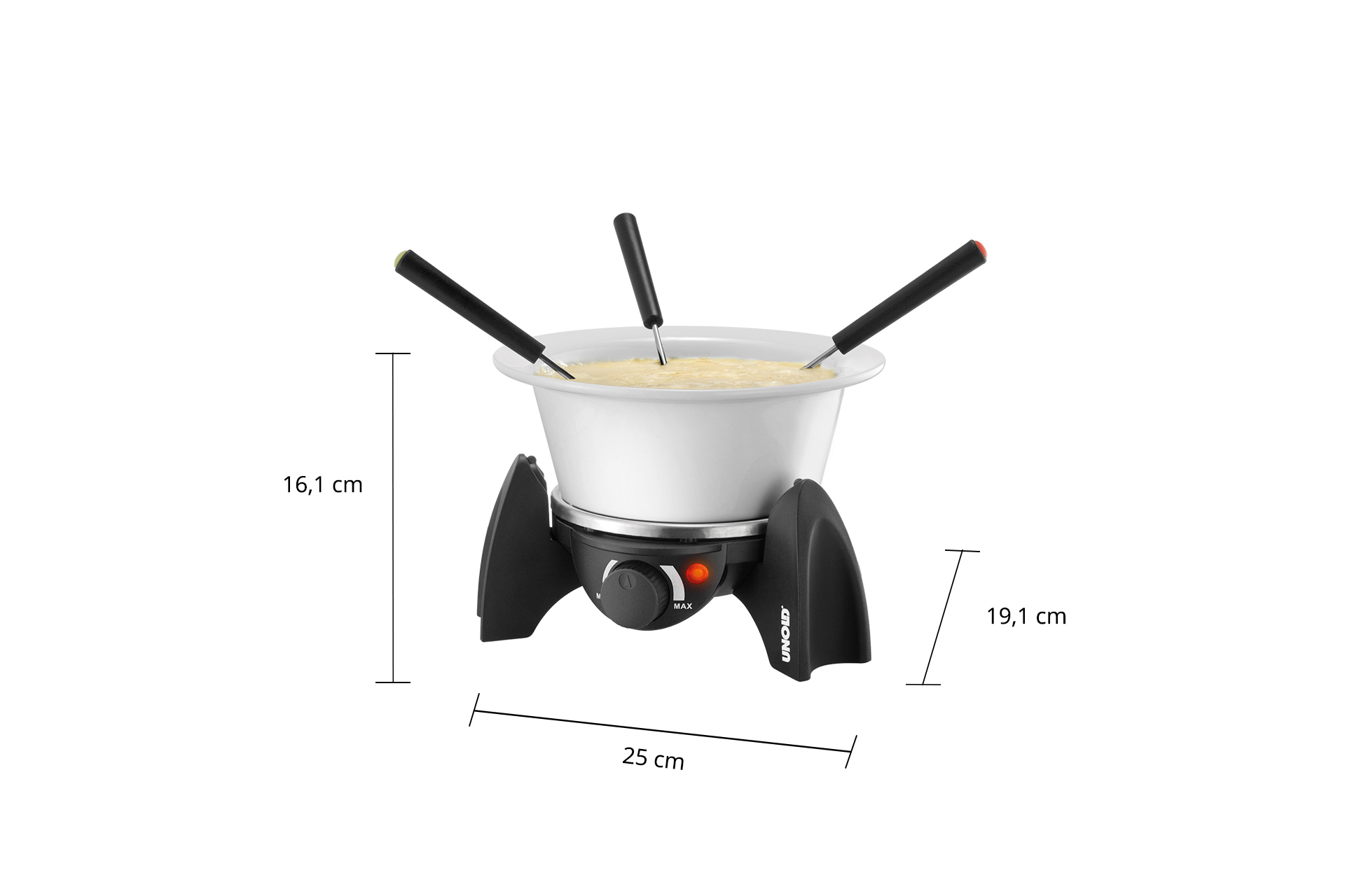 Biały garnek do fondue z czarną podstawą i trzema widelcami do fondue. Wymiary pokazane.