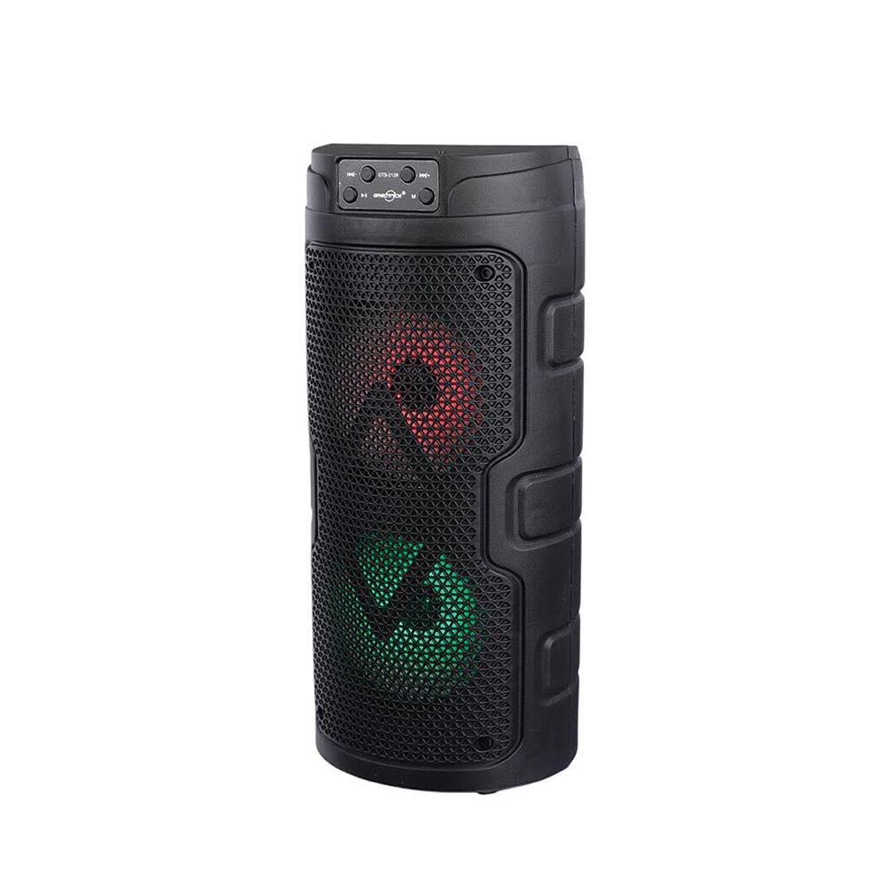 Kırmızı ve yeşil ışıklı siyah taşınabilir Bluetooth hoparlör.