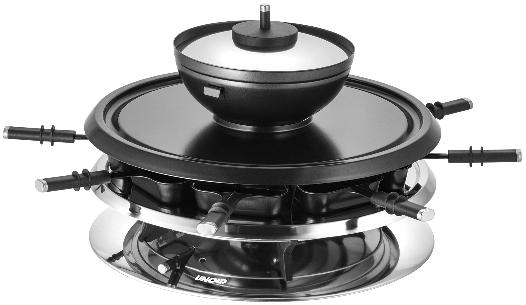 Grill do raclette z czarną płytą grillową i naczyniem do fondue.