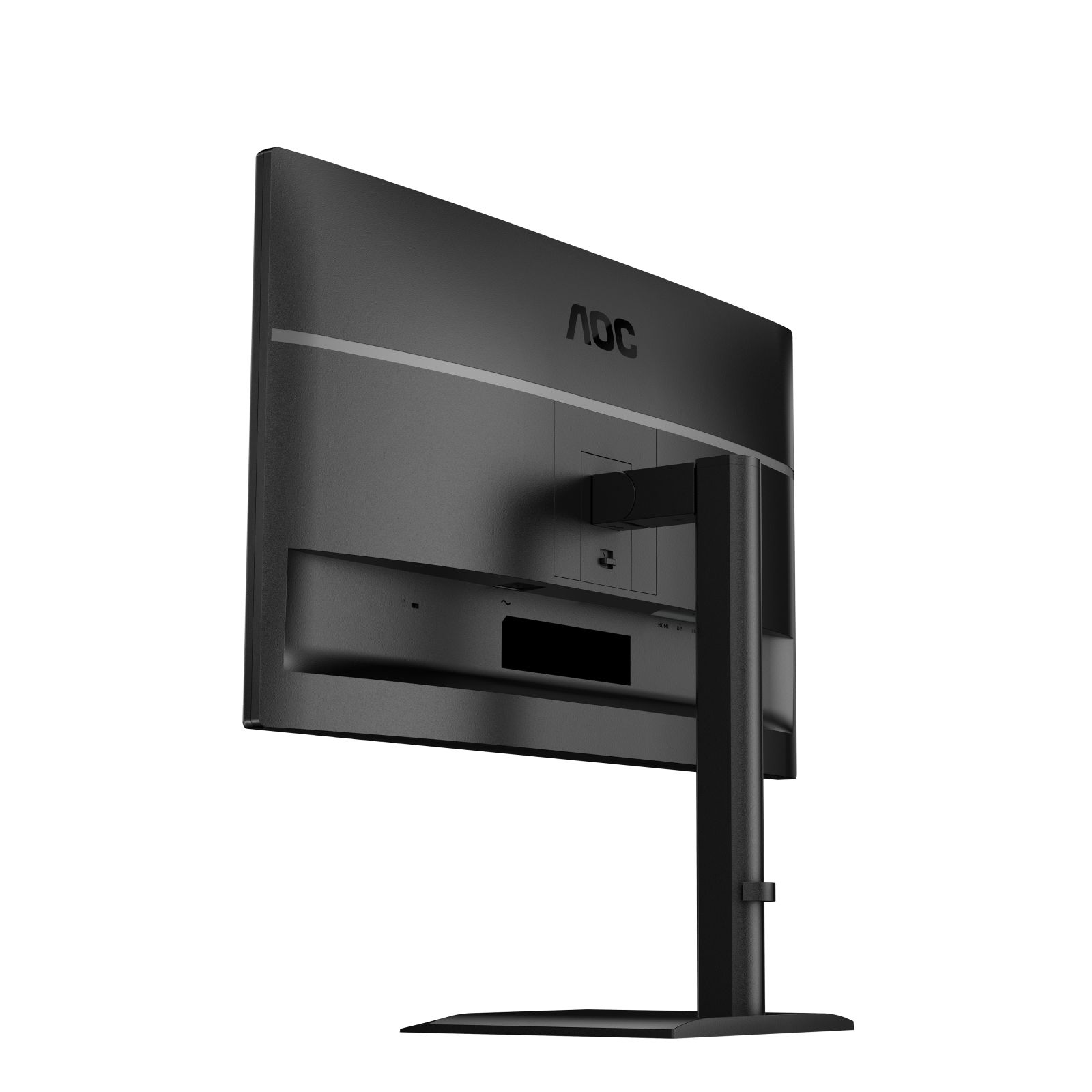 Rear view of a black AOC monitor with ports and stand.