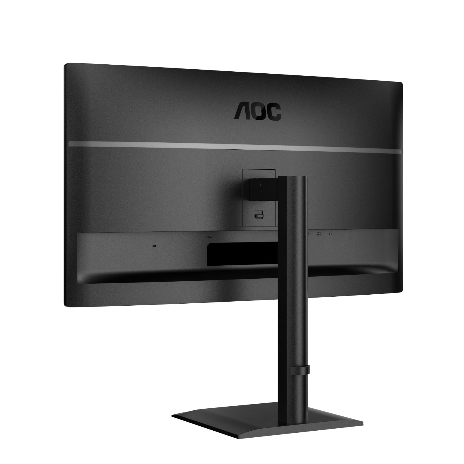 Back view of a black AOC computer monitor on a stand, showing ports.