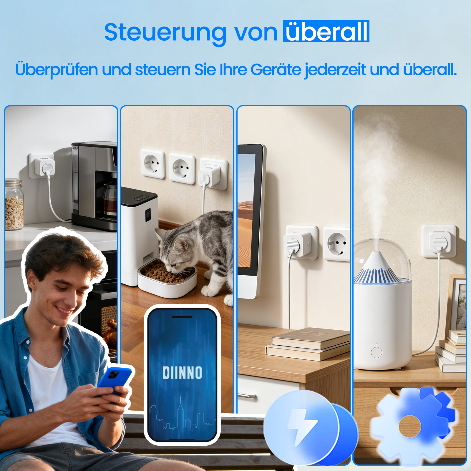 Mann mit Smartphone, Kaffeemaschine, Katze frisst, Monitor, Luftbefeuchter, Stecker.