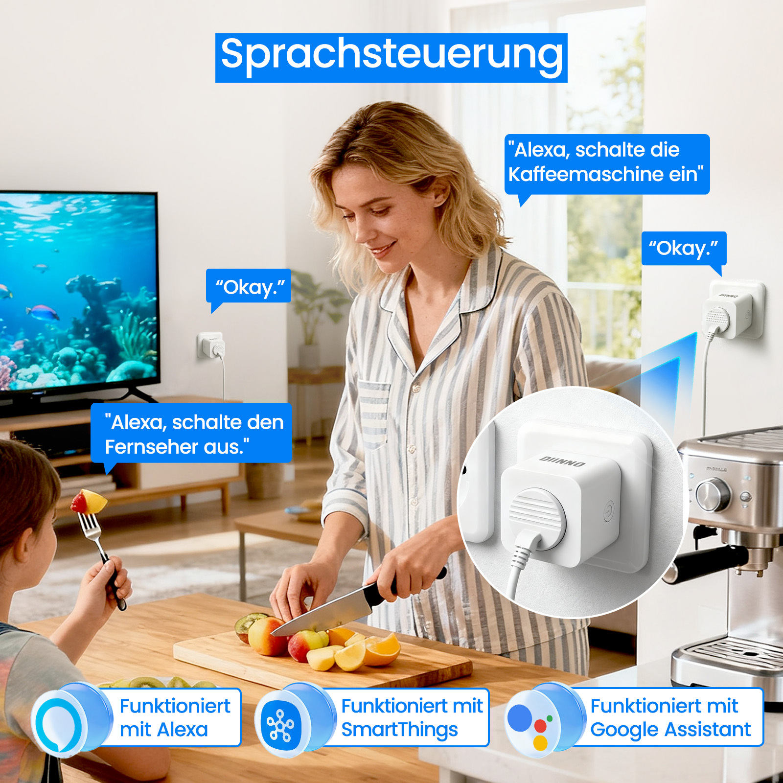 Frau nutzt Sprachsteuerung für Kaffeemaschine und Fernseher mit smarten Steckdosen.