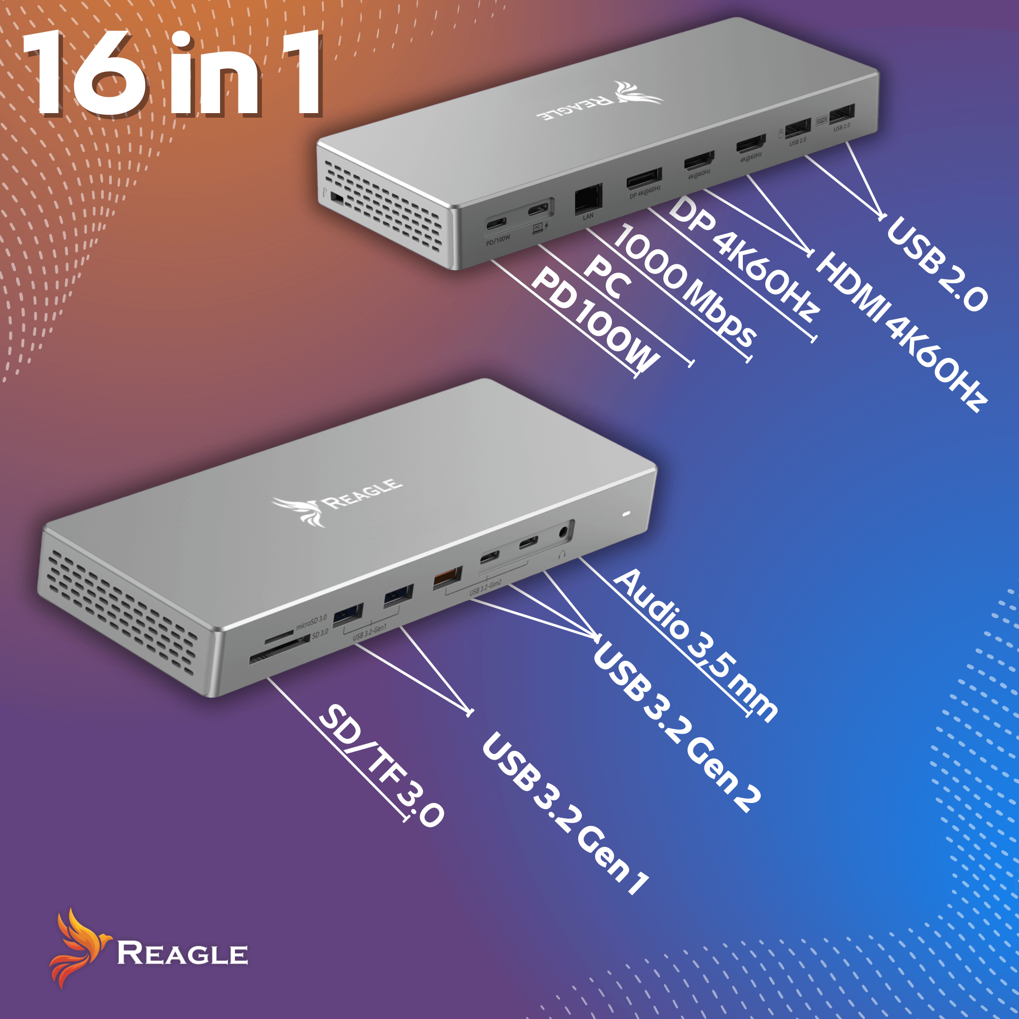 Dwie srebrne stacje dokujące pokazujące porty: USB, HDMI, DP, PD, LAN, SD, Audio.