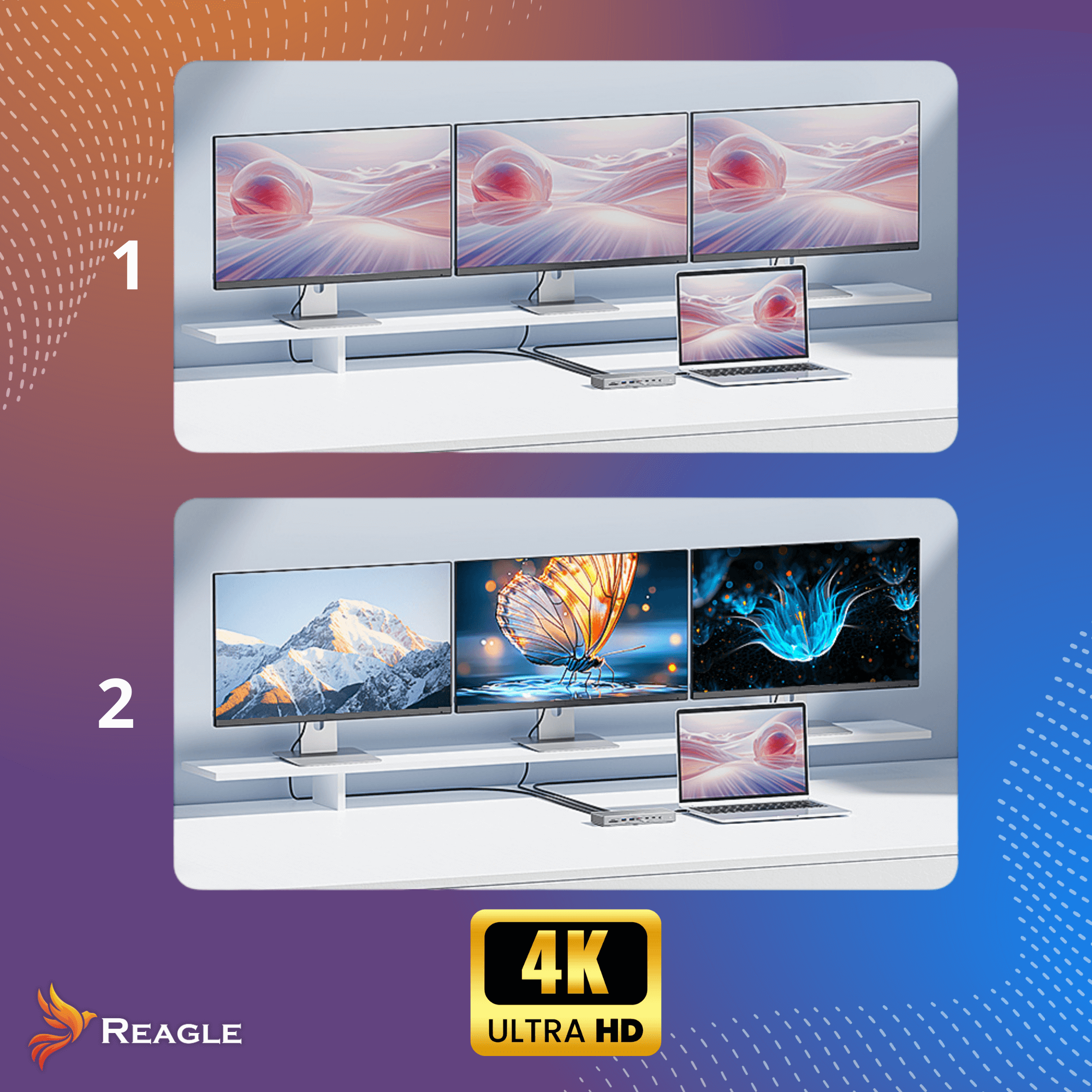 Trzy monitory i laptop wyświetlające abstrakcyjną sztukę są podłączone do stacji dokującej.