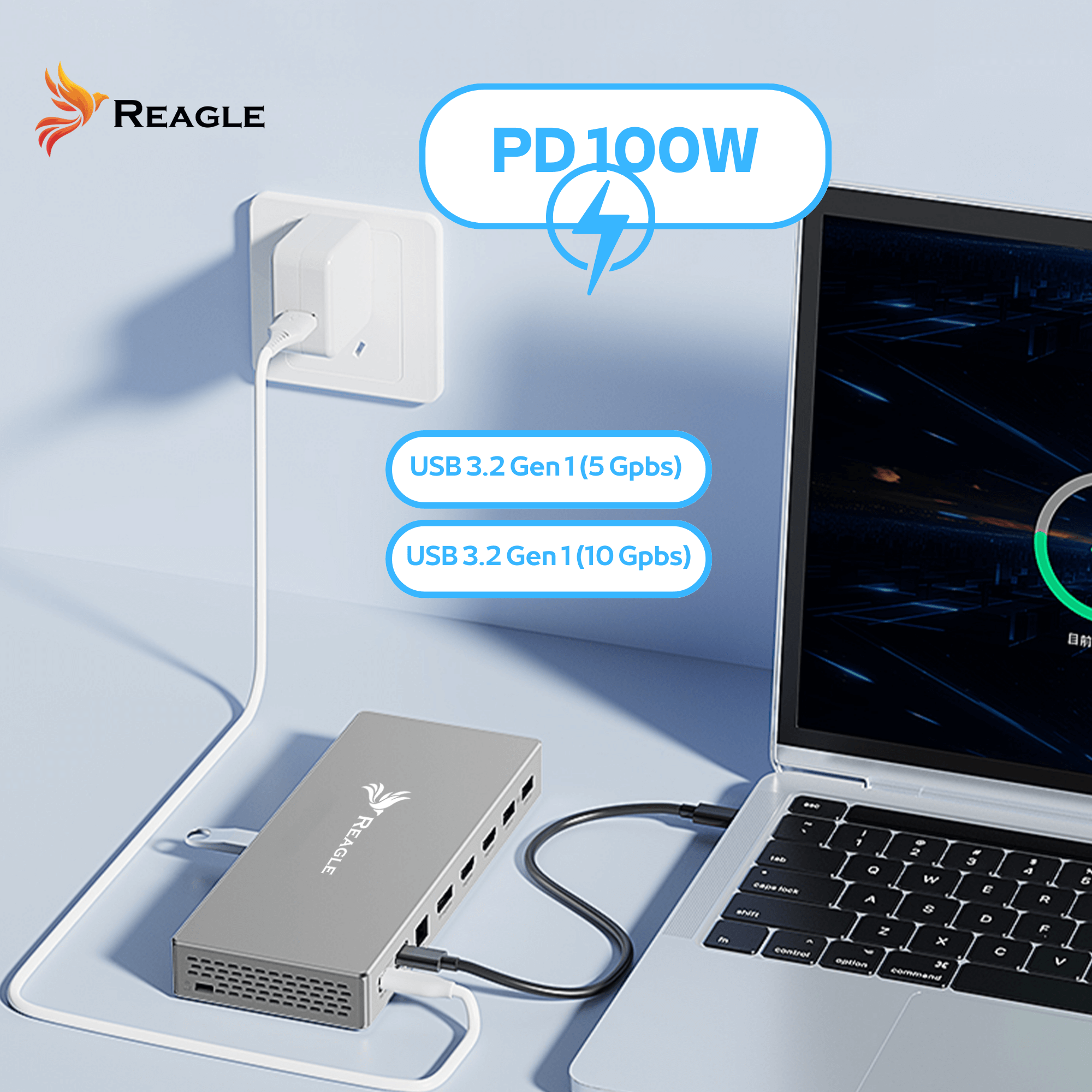 Hub Reagle PD 100W podłączony do laptopa, z portami USB 3.2 Gen 1.