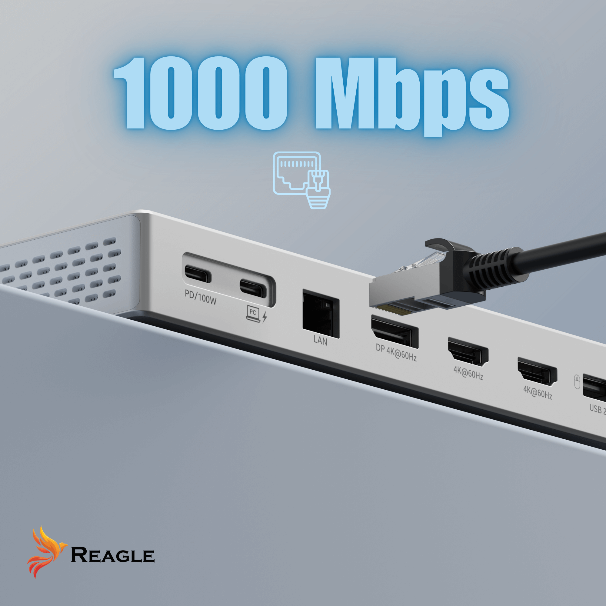 Stacja dokująca do laptopa z wieloma portami, w tym USB-C, HDMI i LAN.