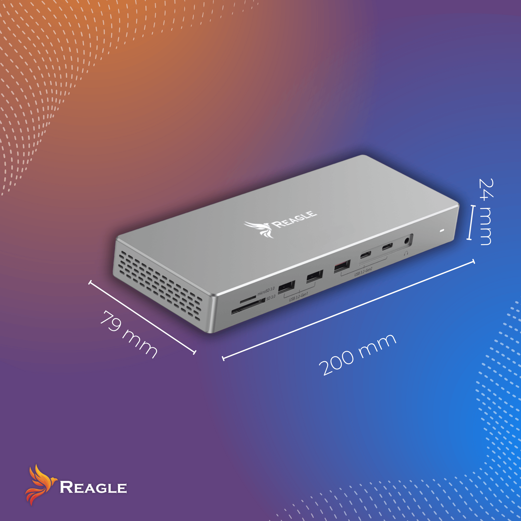 Srebrna stacja dokująca Reagle, 200x79x24mm, z wieloma portami i wymiarami.