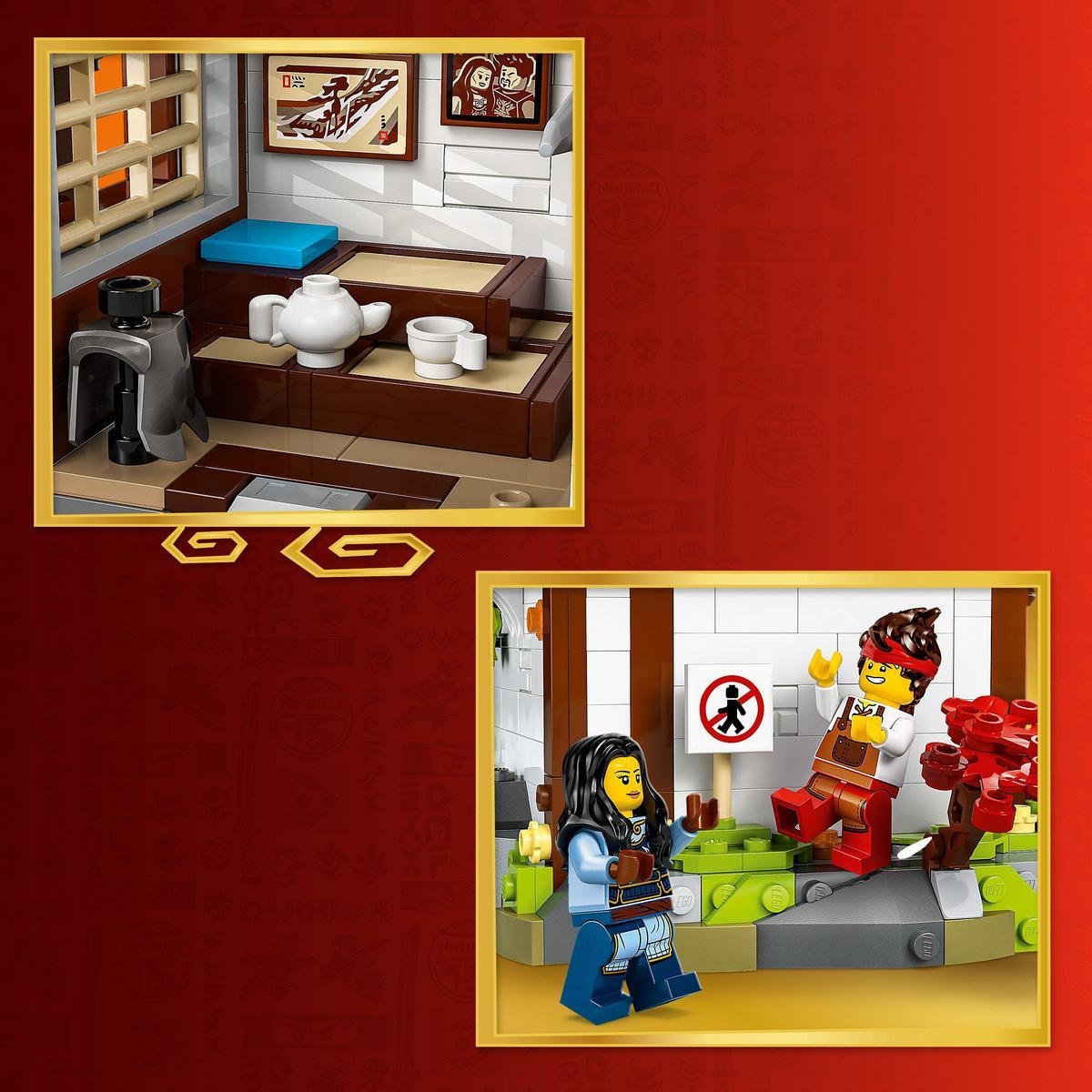 İki Lego sahnesi: bir odada çay seti ve yürüme yasağı işareti yanında iki figür.
