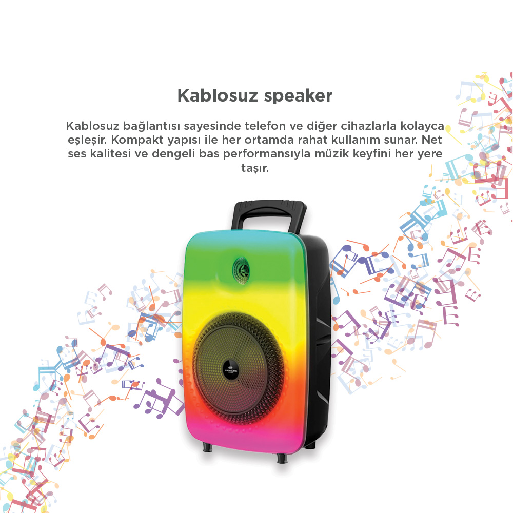 Renkli gradyanlı ve müzik notalı kablosuz hoparlör.