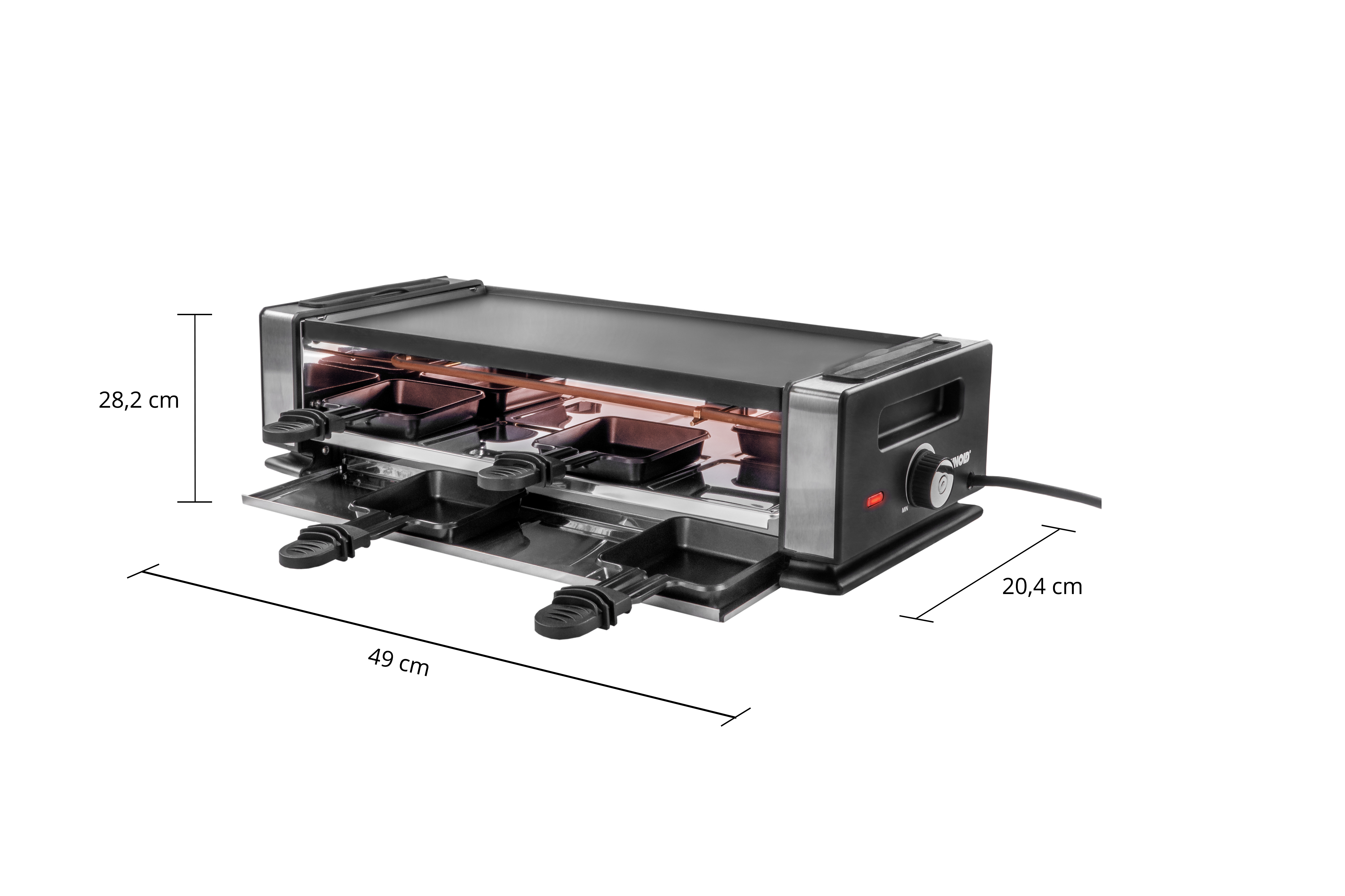 Ein Raclette-Grill mit sechs Pfannen, einer Grillplatte und Maßen.