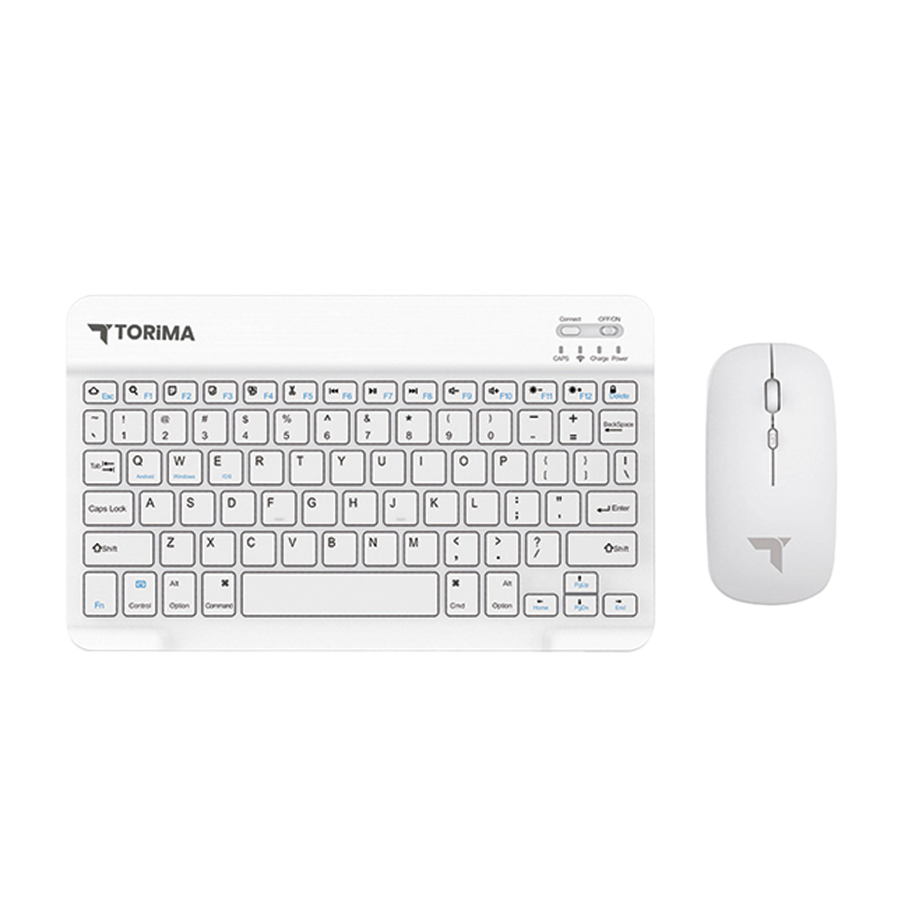 Beyaz zeminde beyaz TORIMA kablosuz klavye ve fare seti.