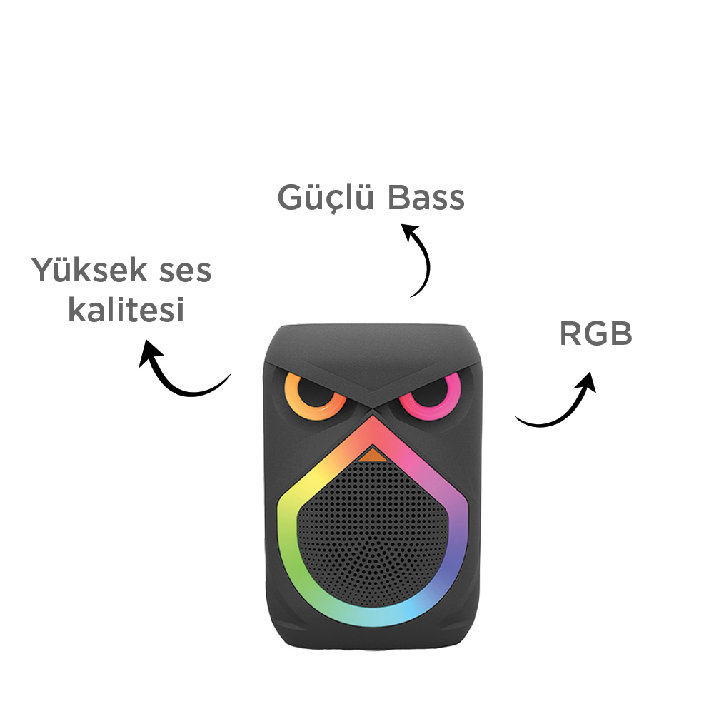 RGB aydınlatmalı siyah baykuş şeklinde hoparlör, ses kalitesi ve bas hakkında metin gösteriyor.