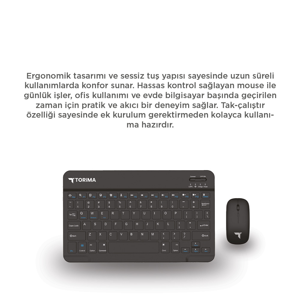 Beyaz arka plan üzerinde siyah Torima klavye ve fare. Konfor için ergonomik tasarım.