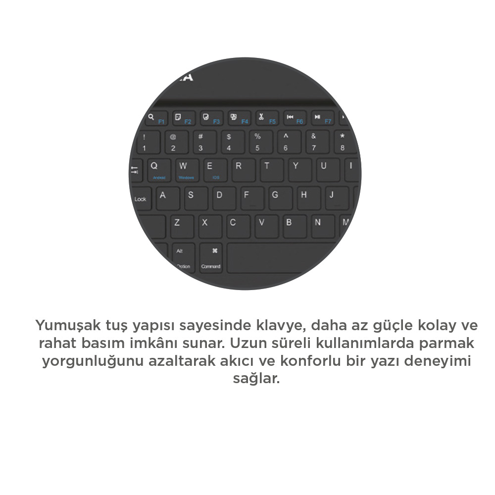 Standart QWERTY düzene sahip yuvarlak tuşlu siyah klavye.