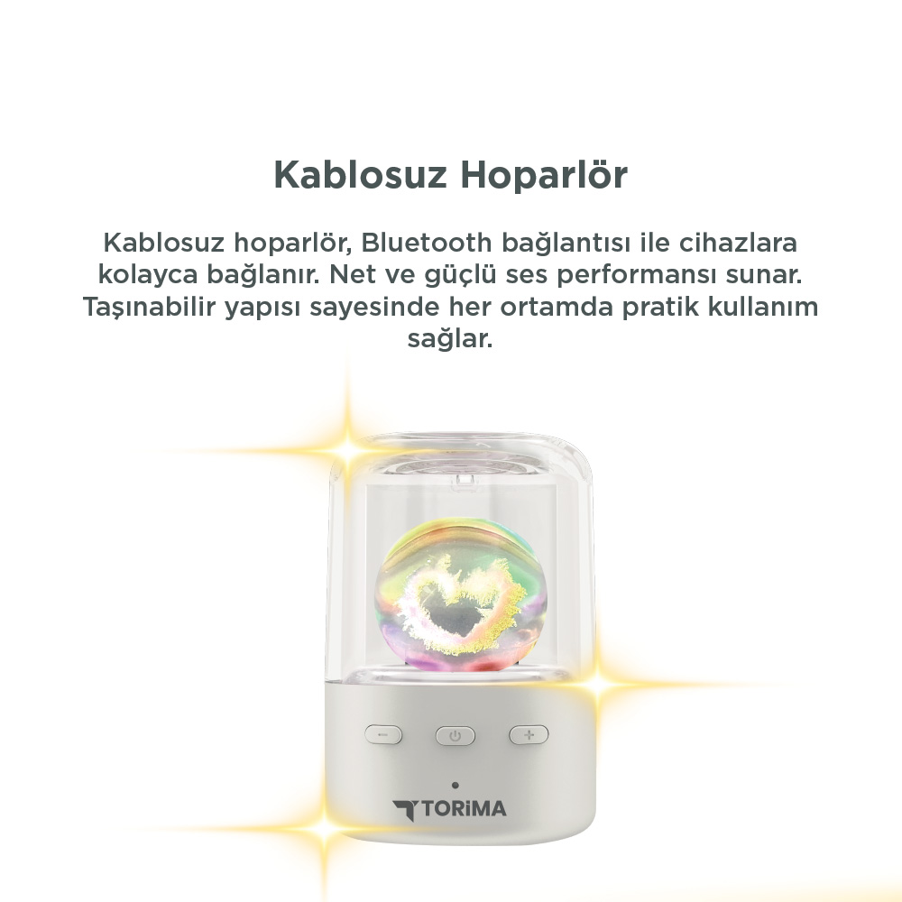 İçinde renkli kalp ışığı olan beyaz, kablosuz hoparlör.