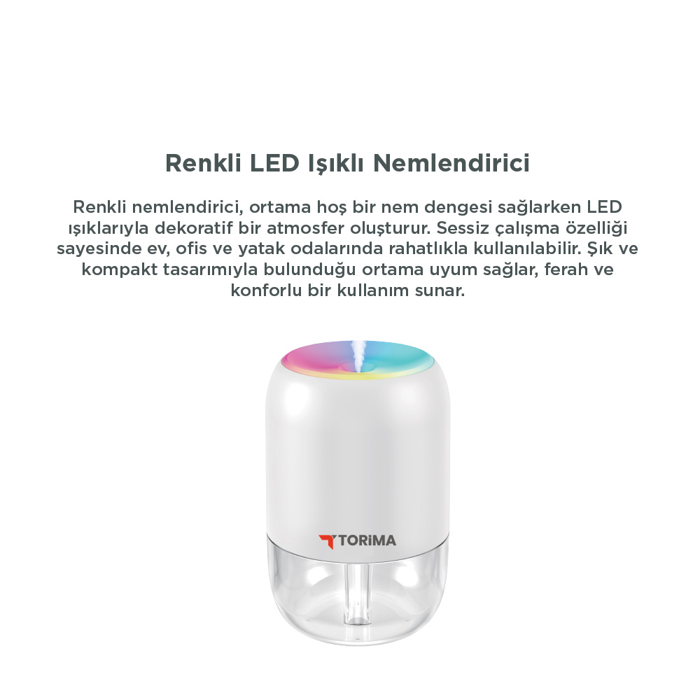 Üstü renkli LED ışıklarla aydınlatılmış, şeffaf tabanlı beyaz bir nemlendirici. Torima logosu görünür.