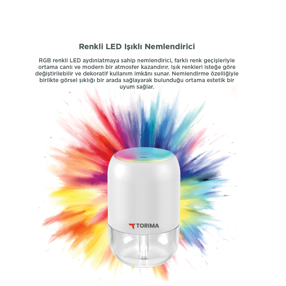 RGB LED'li beyaz nemlendirici, şeffaf haznesi ve renkli buharı.