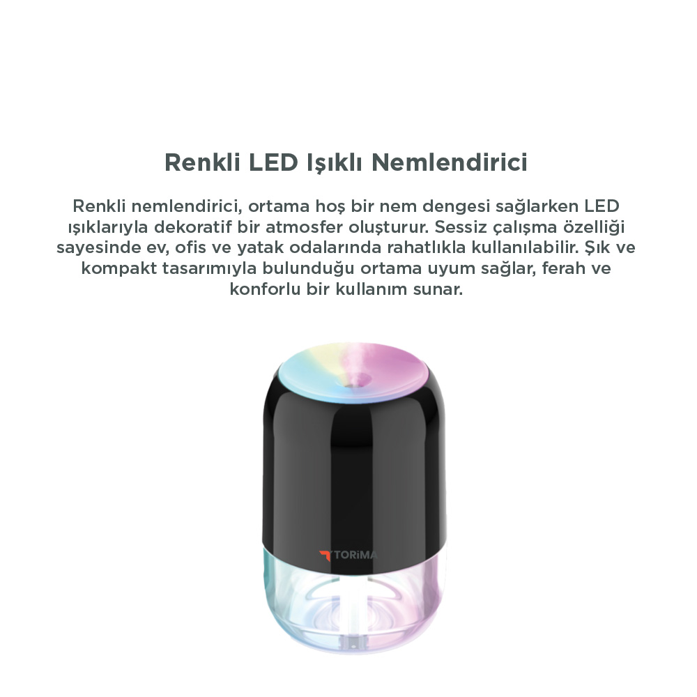 Renkli LED ışıklı siyah nemlendirici, şeffaf tabanlı.