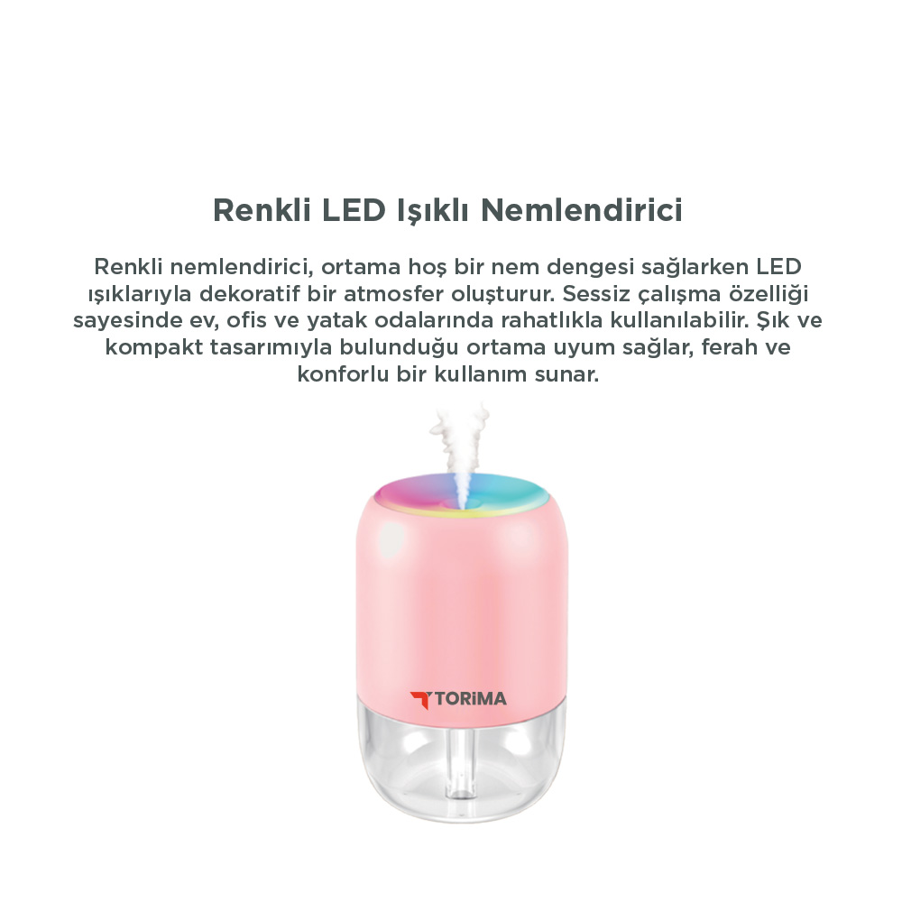 Pembe renkte, üst kısmında buhar yayan LED ışıklı nemlendirici.