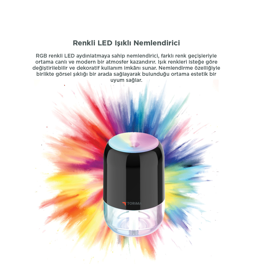 Renkli toz sıçraması arka planına karşı RGB LED'li siyah nemlendirici.