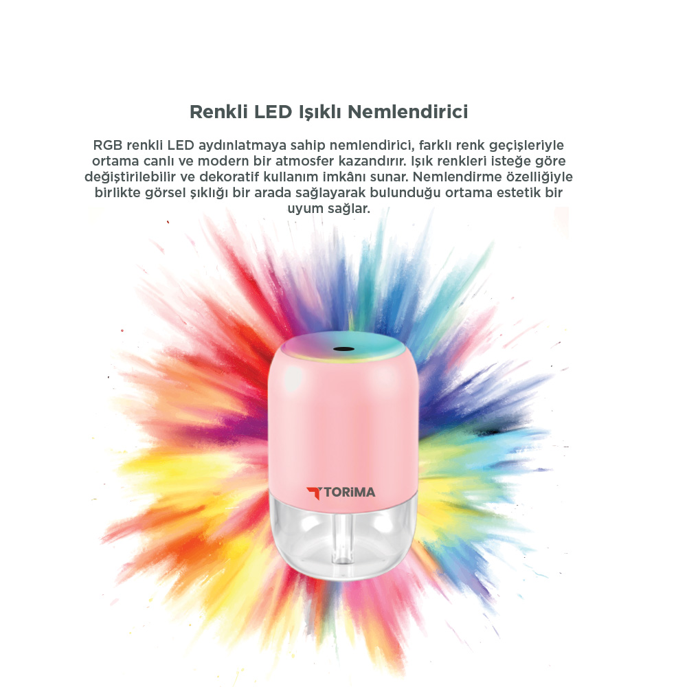 RGB LED ışıklı pembe nemlendirici, renkli sıçrama arka planına karşı.
