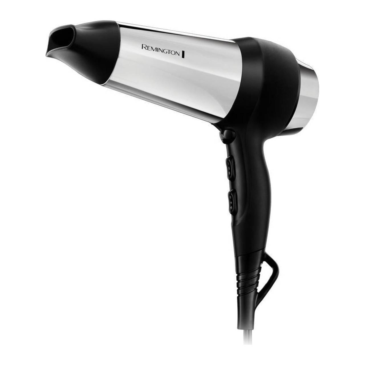 Siyah tutamaklı ve kablolu siyah ve gümüş Remington saç kurutma makinesi.