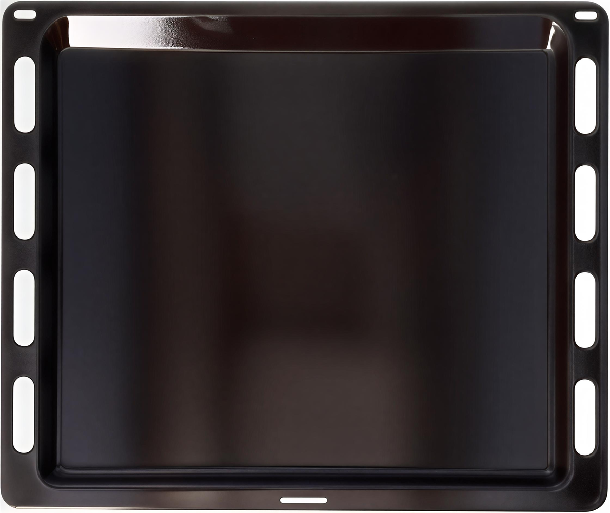 Una bandeja de horno rectangular oscura con esquinas redondeadas y ranuras laterales.