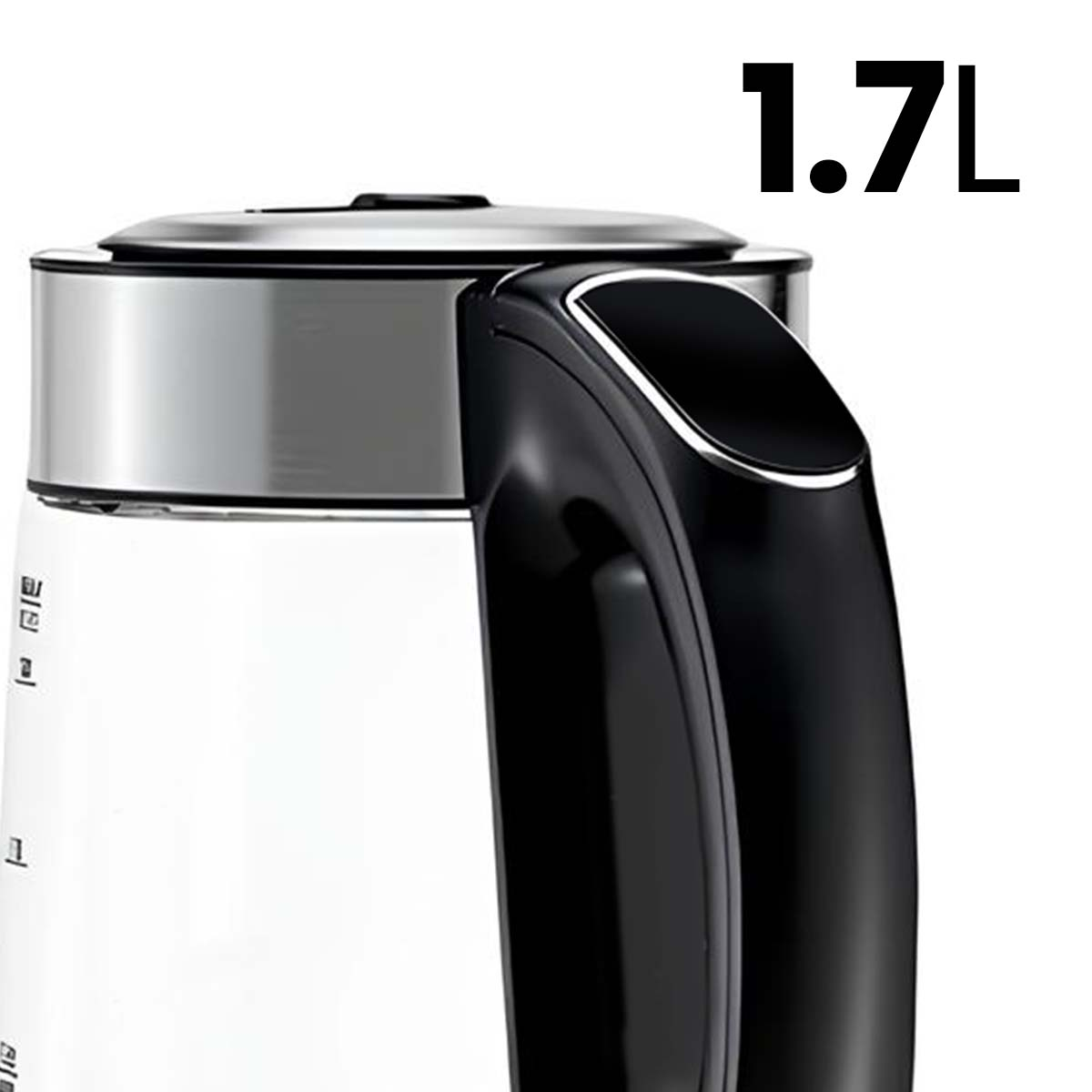 Nahaufnahme eines Wasserkochers mit schwarzem Griff und 1,7L-Markierung.
