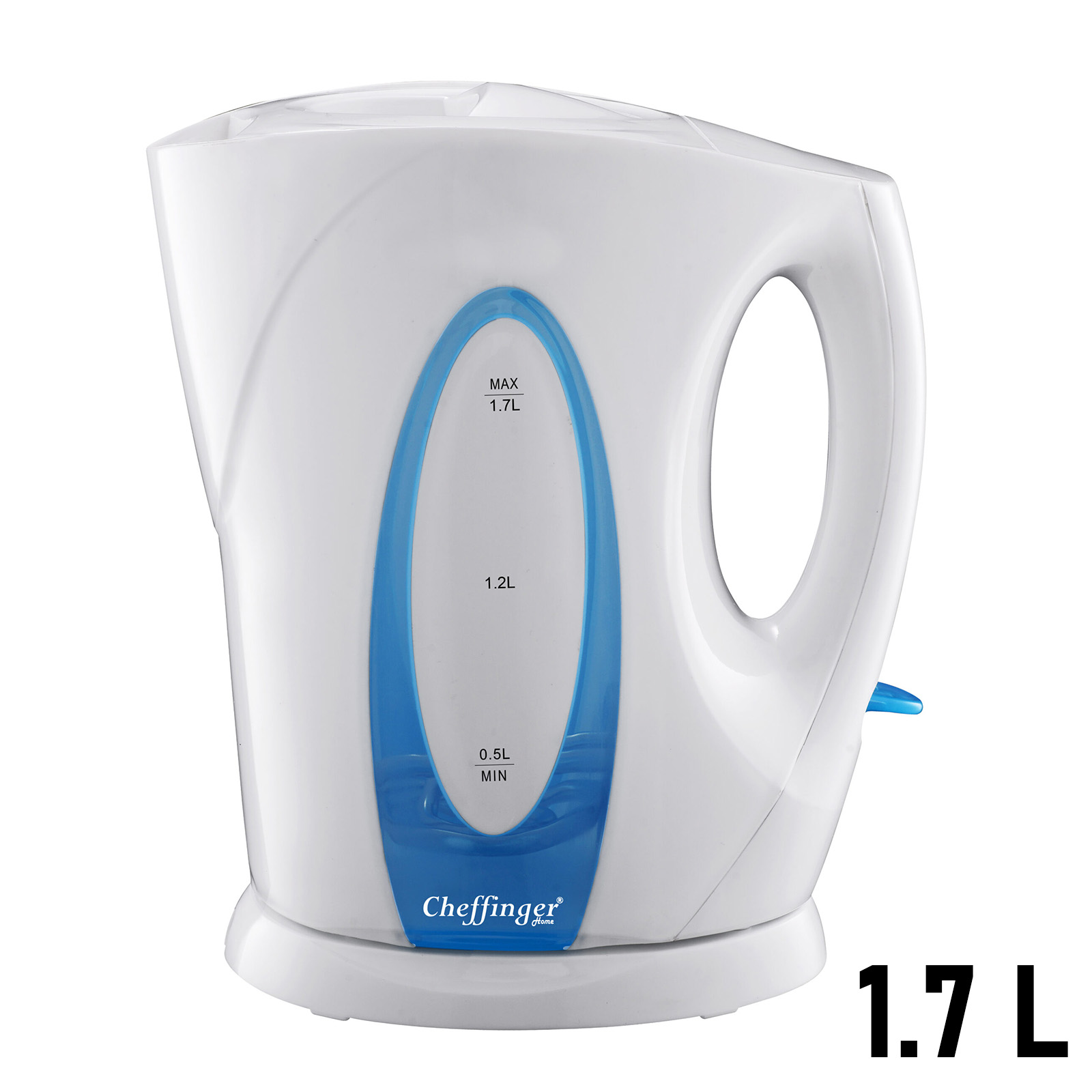 Une bouilloire électrique blanche avec indicateur de niveau d'eau bleu et capacité de 1,7 L.