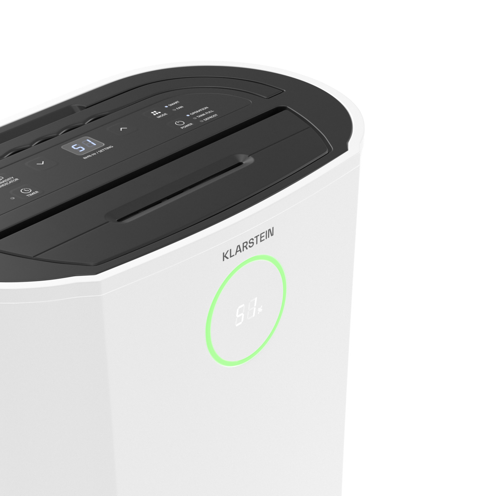 Deumidificatore bianco con display digitale che mostra 51% e logo Klarstein.