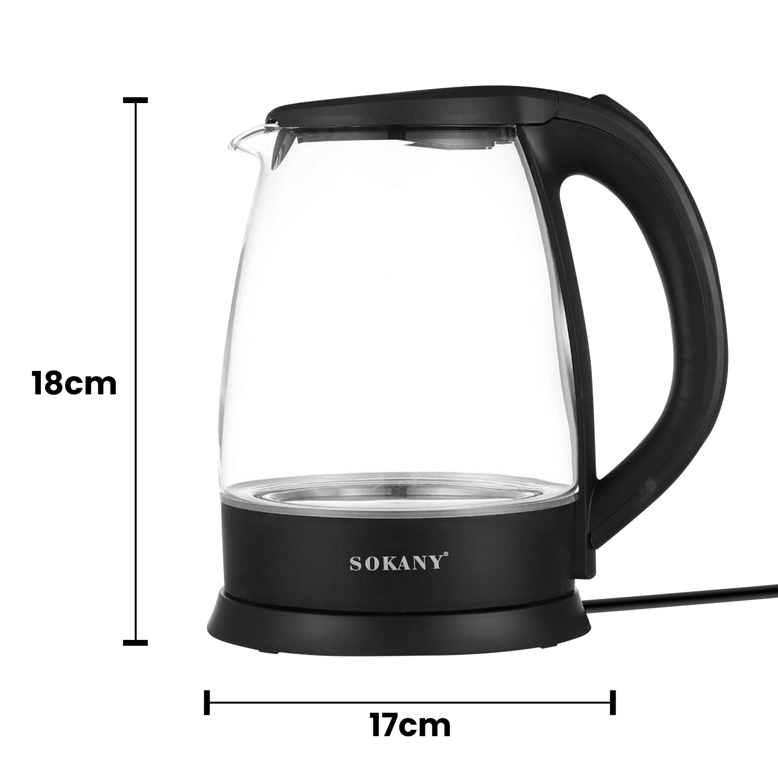 Schwarzer Wasserkocher aus Glas mit 18 cm Höhe und 17 cm Breite.