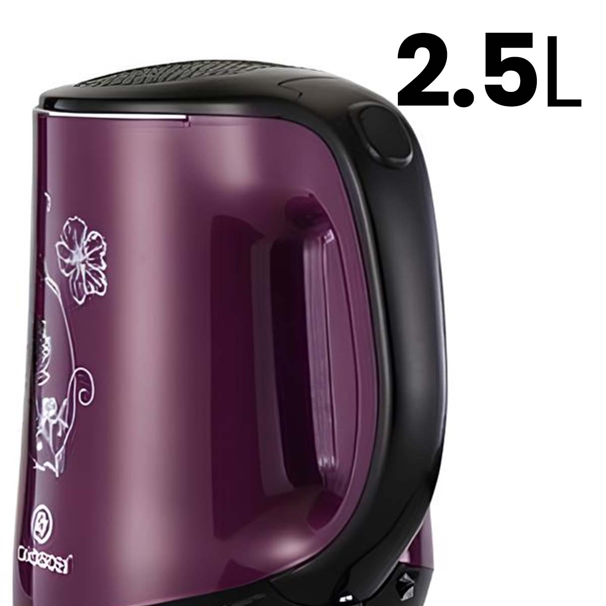Lila Wasserkocher mit Blumenmuster und schwarzem Griff, 2,5L.