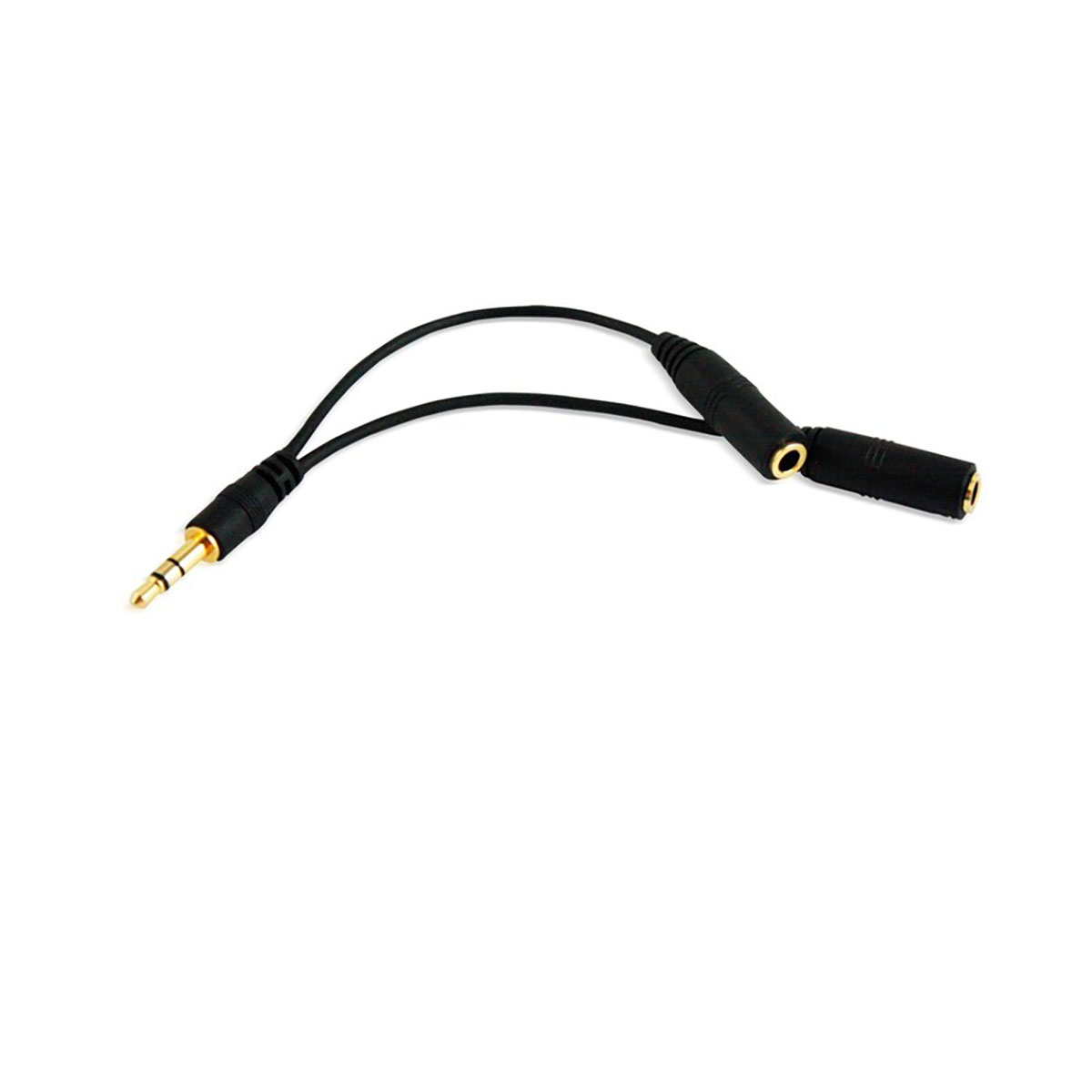 Un cavo audio nero con spina da 3,5 mm e due prese femmina.