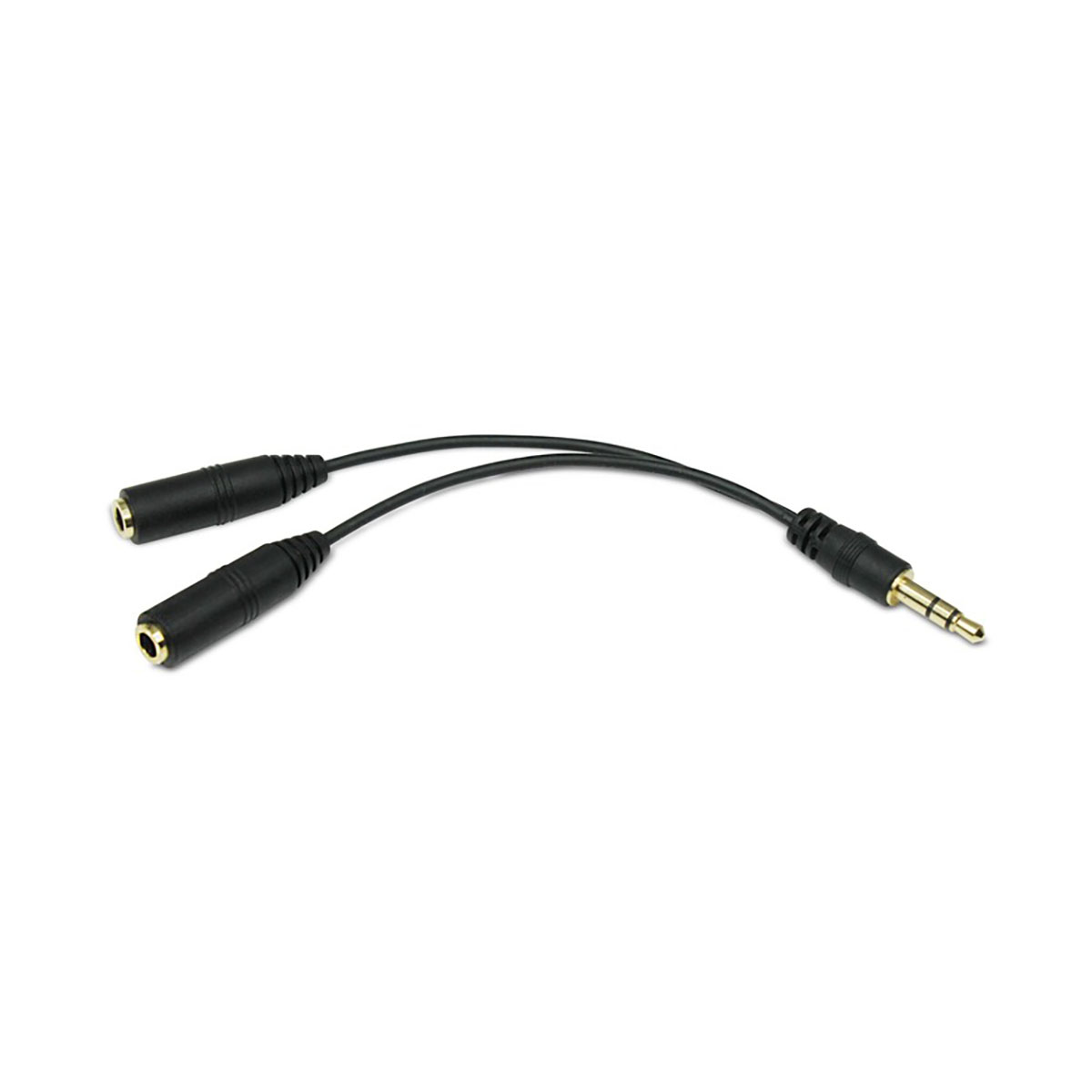 Cavo splitter audio nero con un connettore maschio da 3,5 mm e due jack femmina da 3,5 mm.
