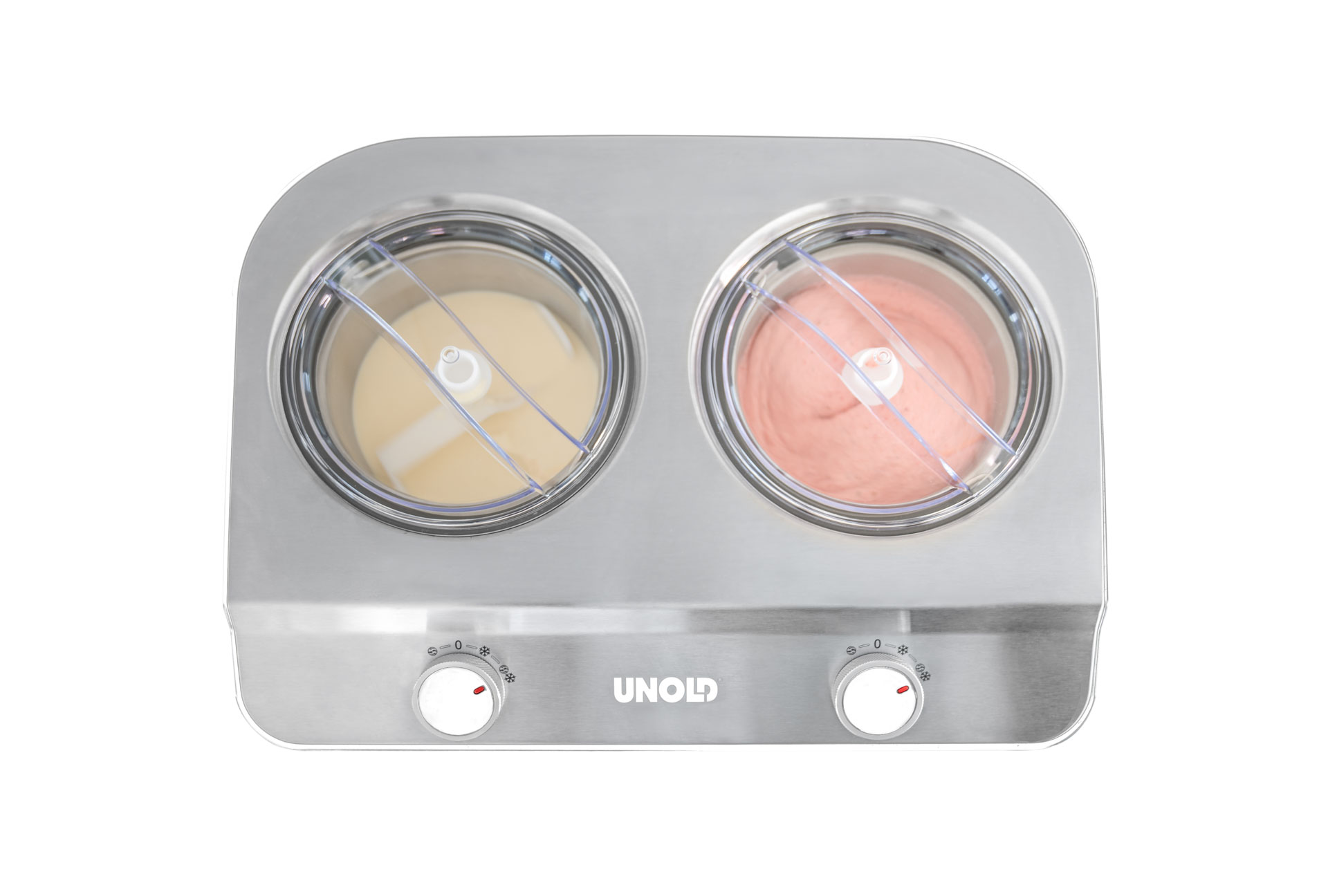Podwójna maszynka do lodów Unold z wanilią i truskawką.