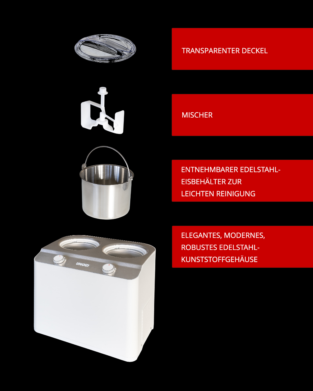 Części maszyny do lodów: pokrywa, mieszadło, stalowa miska i biała maszyna.